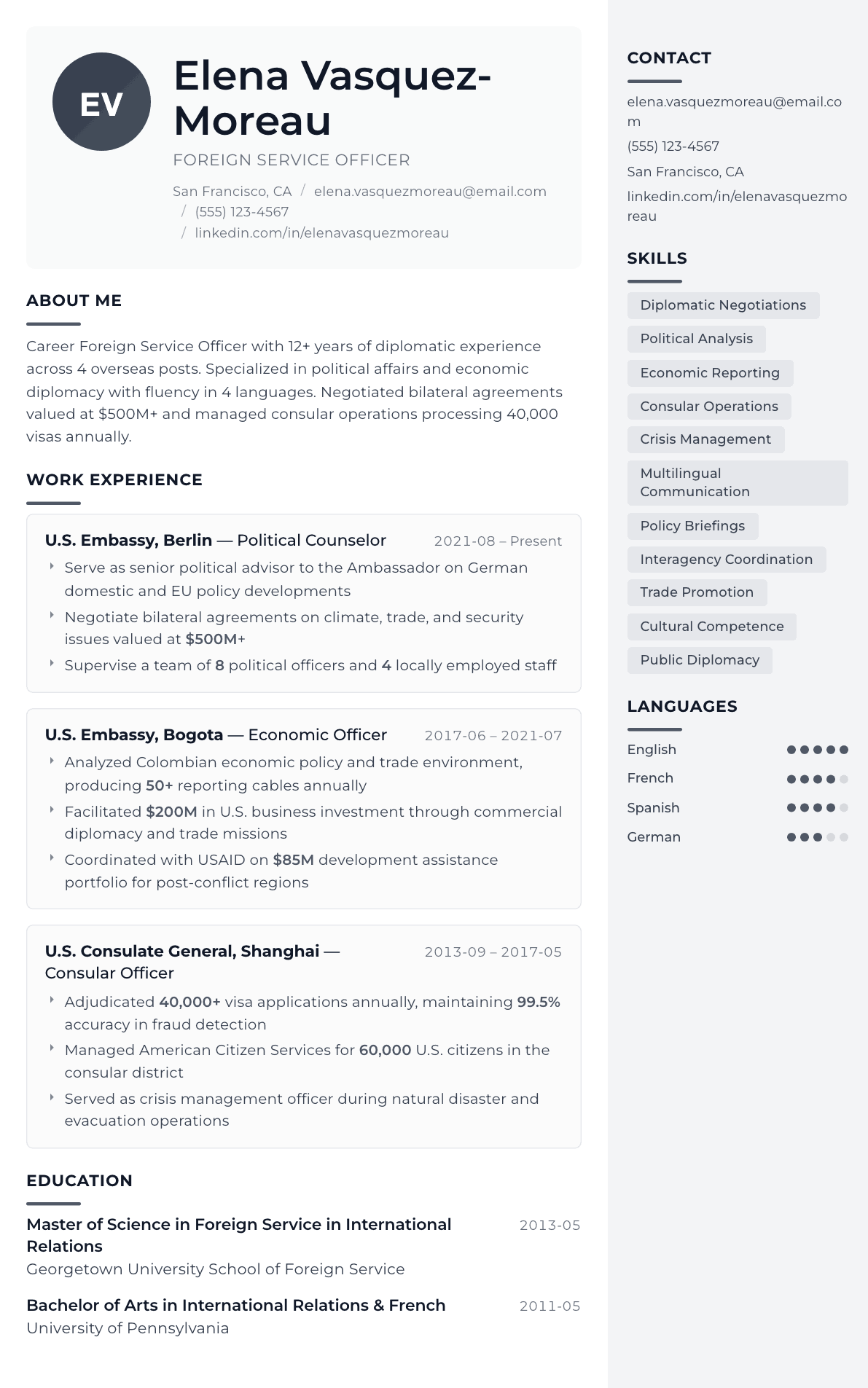 Diplomat resume example, Metropolitan template