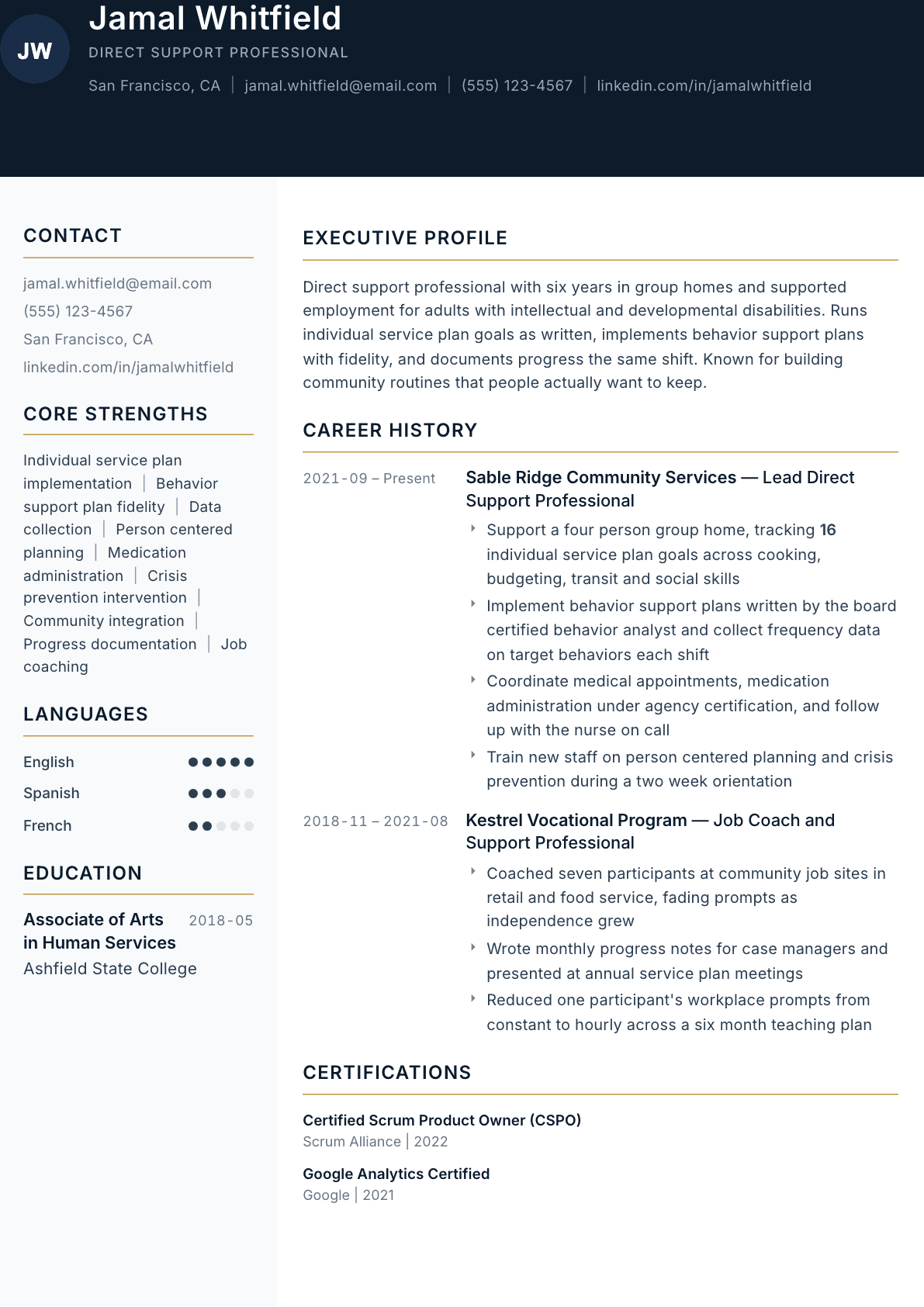 Direct Support Professional resume example, Consulate template