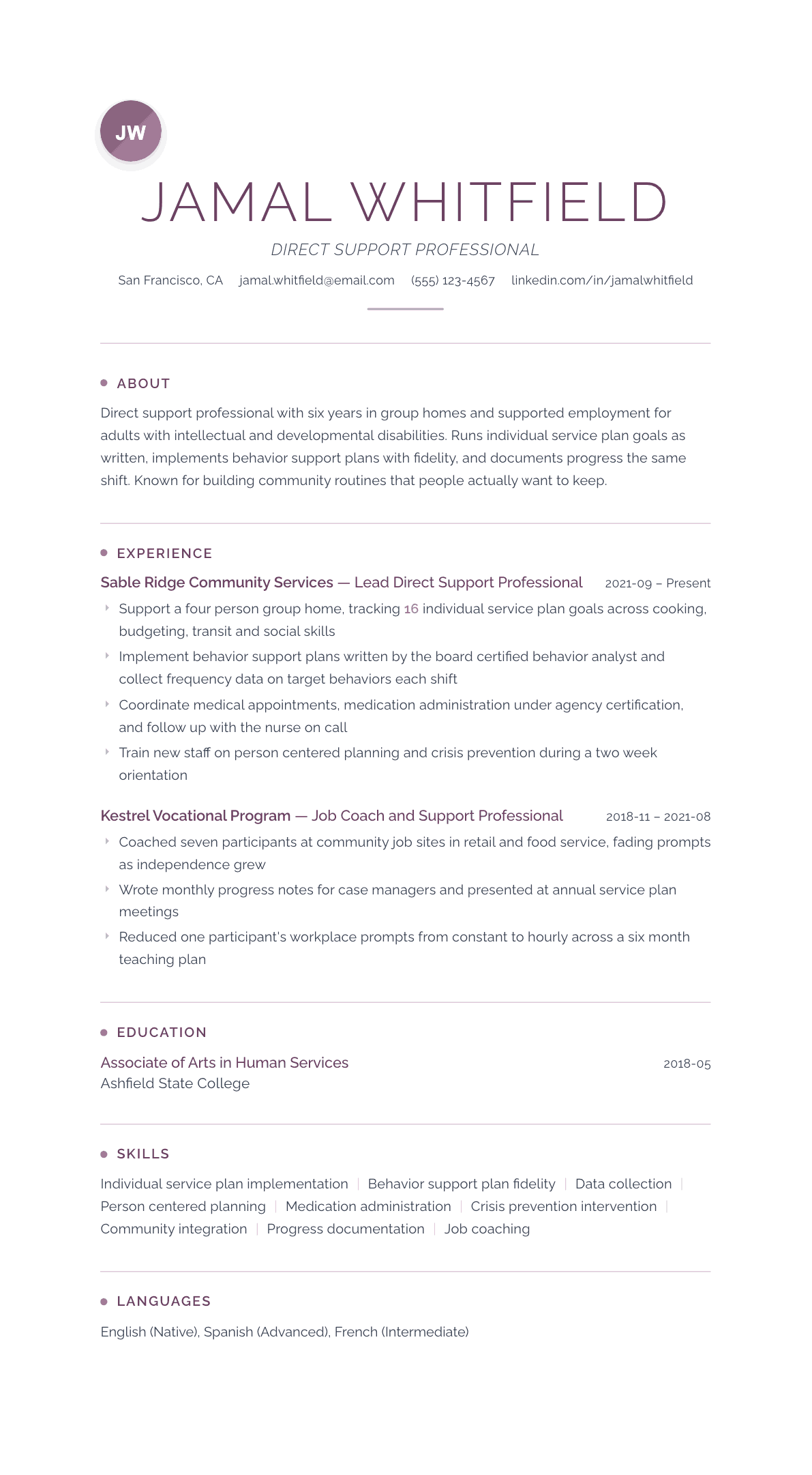 Direct Support Professional resume example, Serenity template