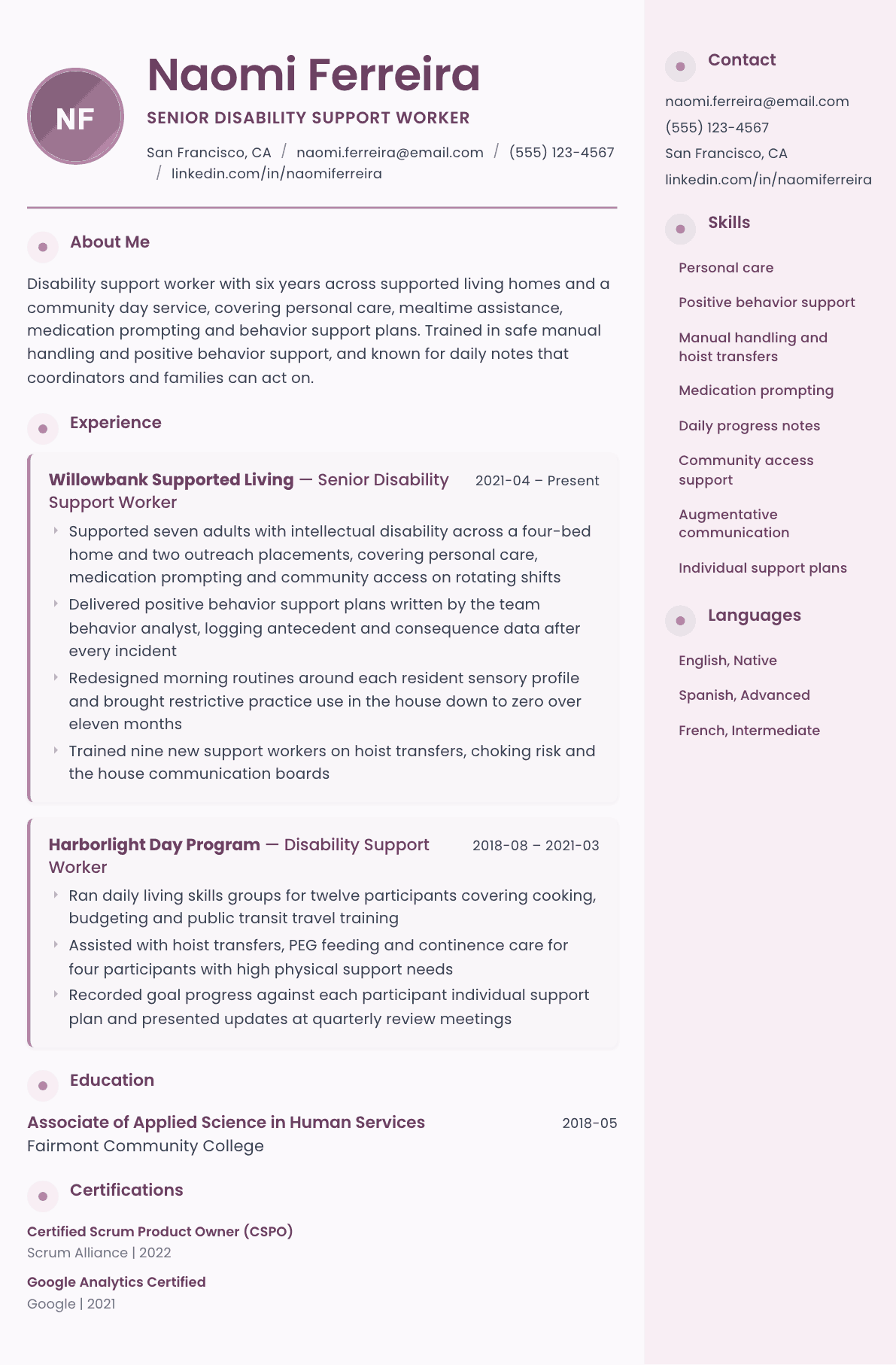 Disability Support Worker resume example, Bloom template