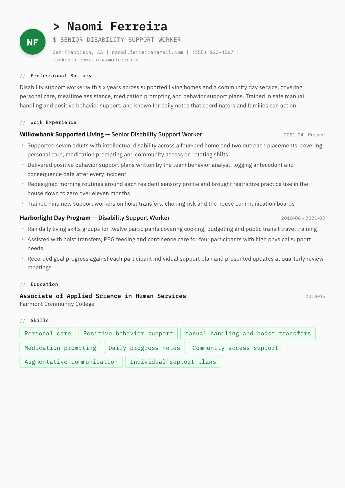 Disability Support Worker resume example, Amsterdam template