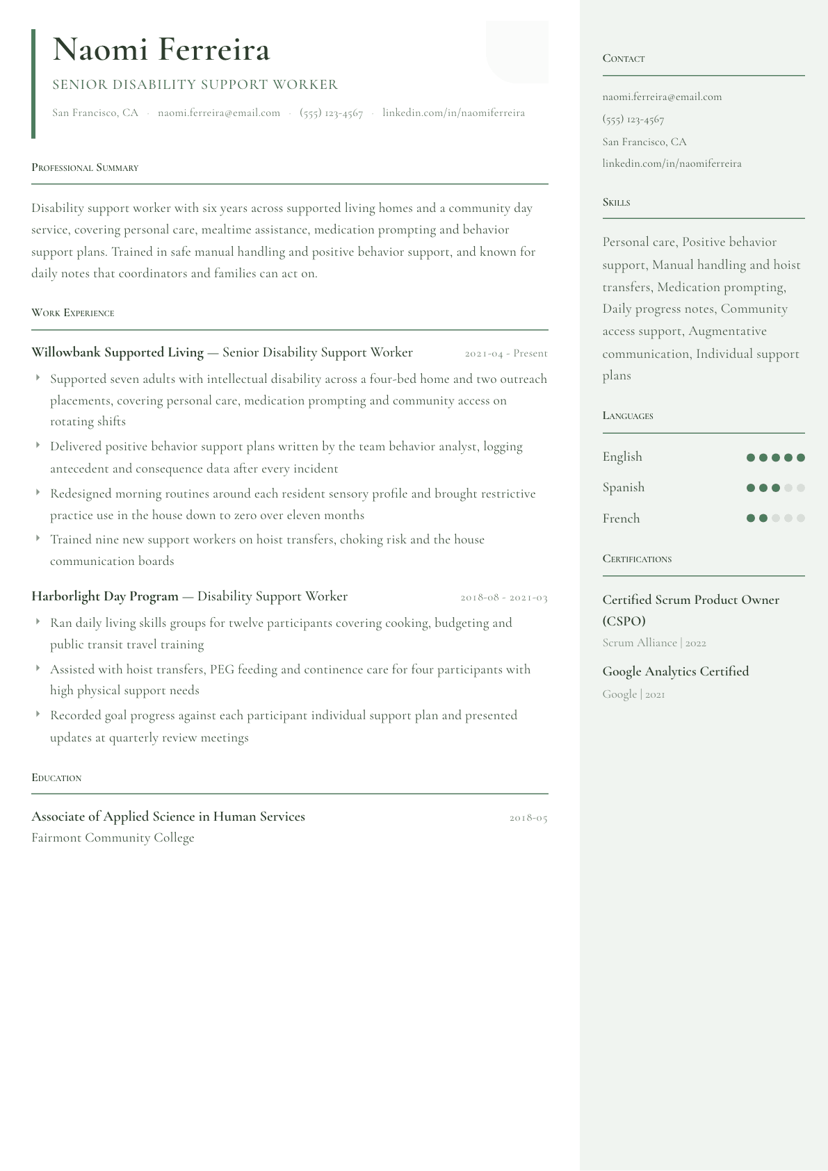 Disability Support Worker resume example, Copenhagen template
