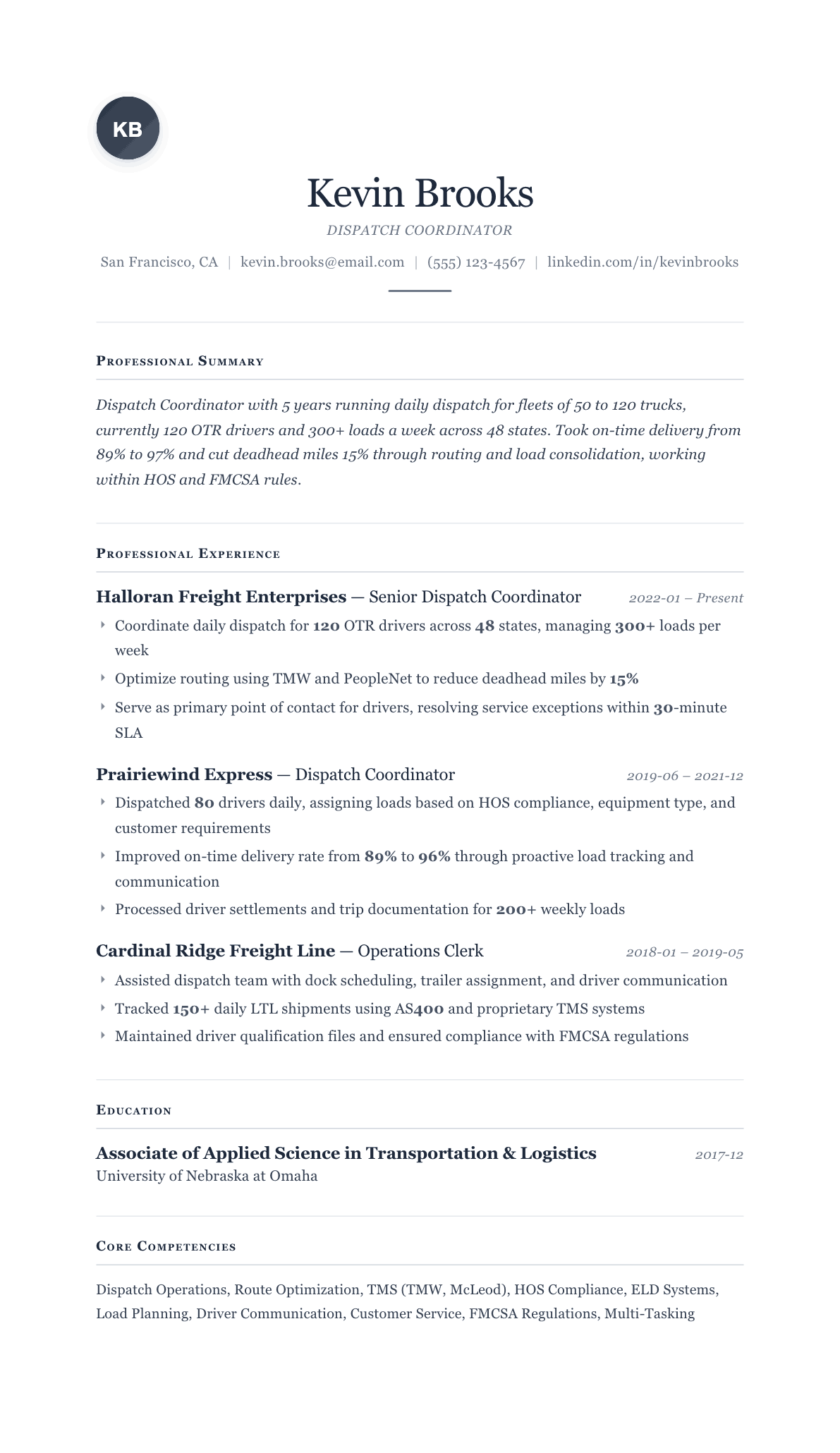 Dispatch Coordinator resume example, Cornerstone template