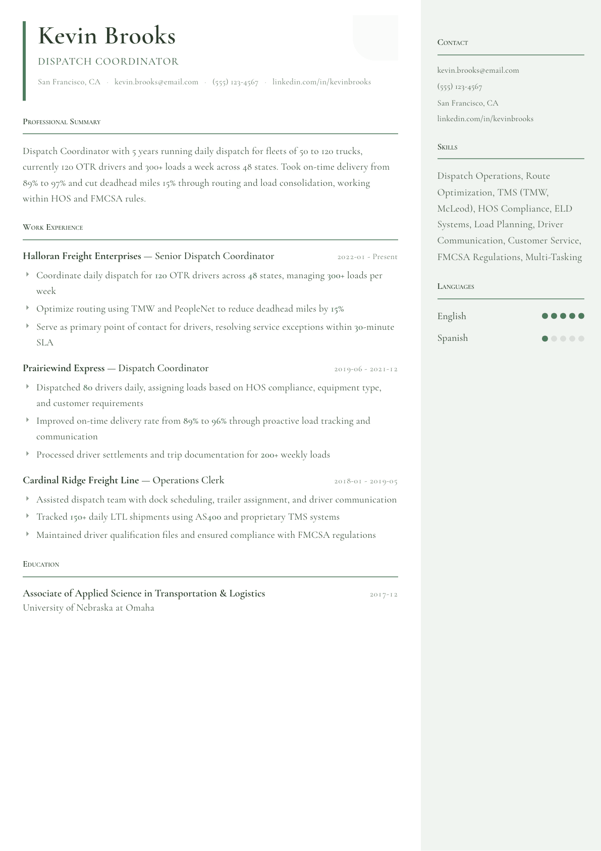 Dispatch Coordinator resume example, Copenhagen template