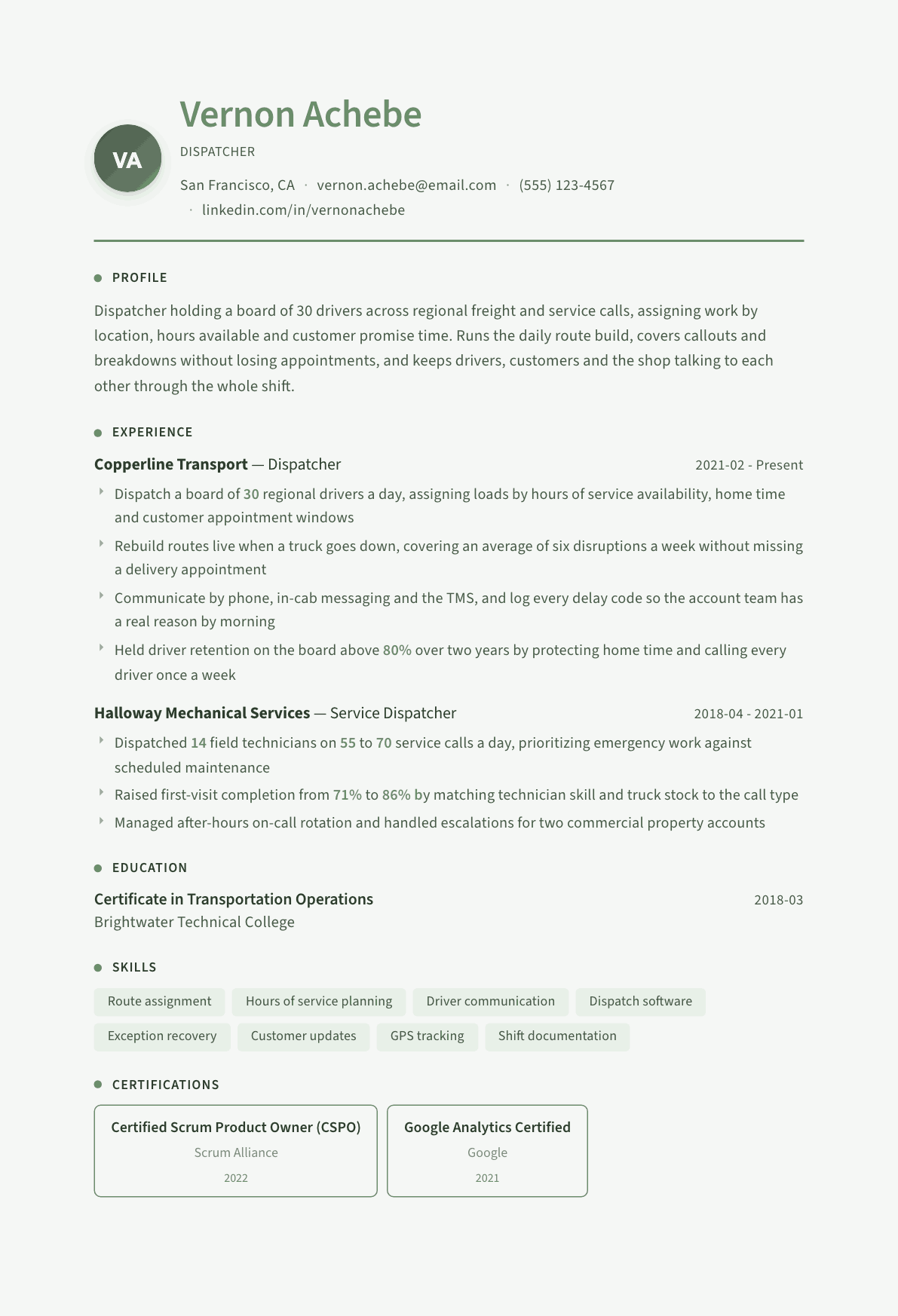 Dispatcher resume example, Sage Garden template
