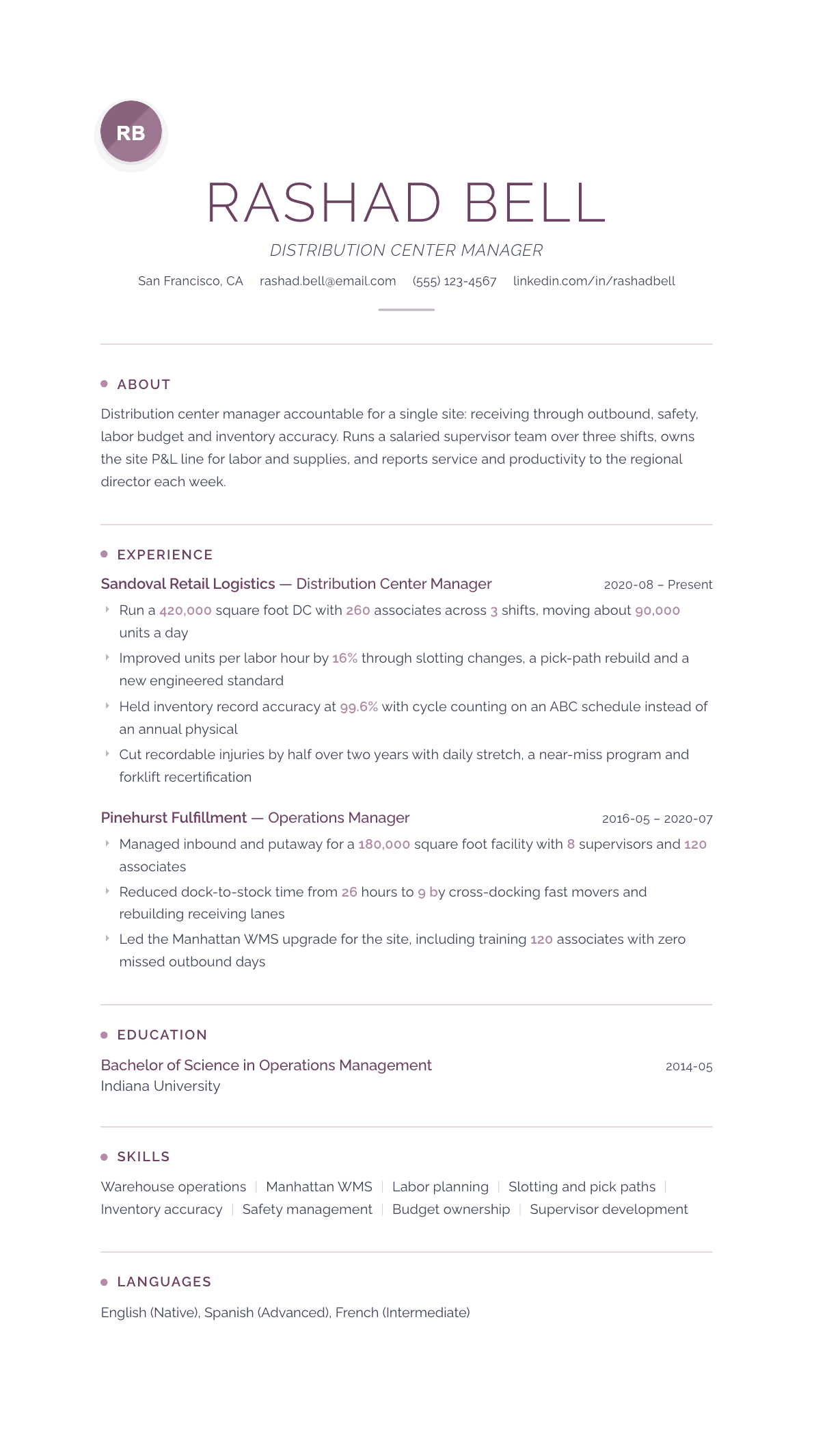Distribution Center Manager resume example, Serenity template