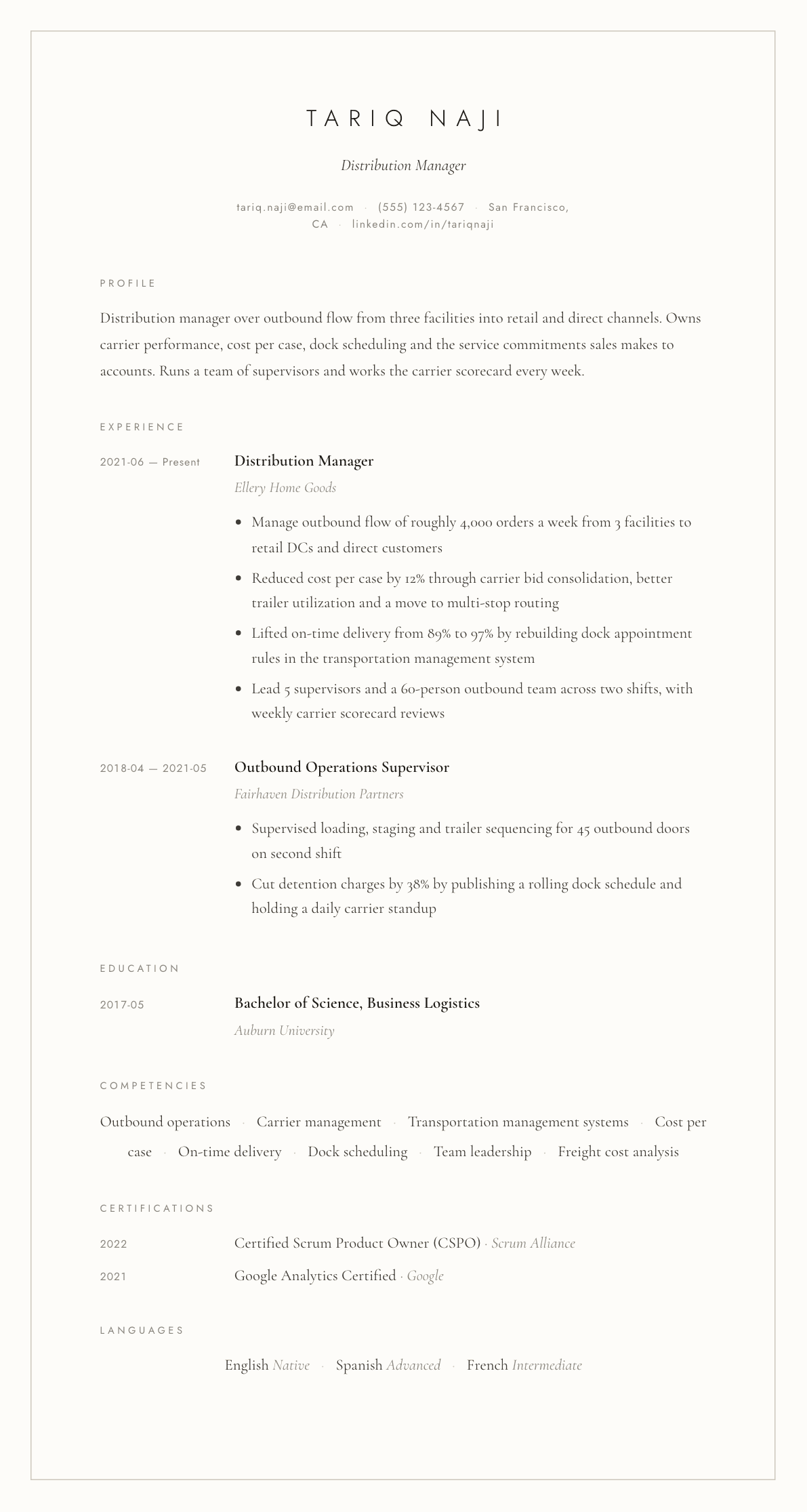 Distribution Manager resume example, Vellum template