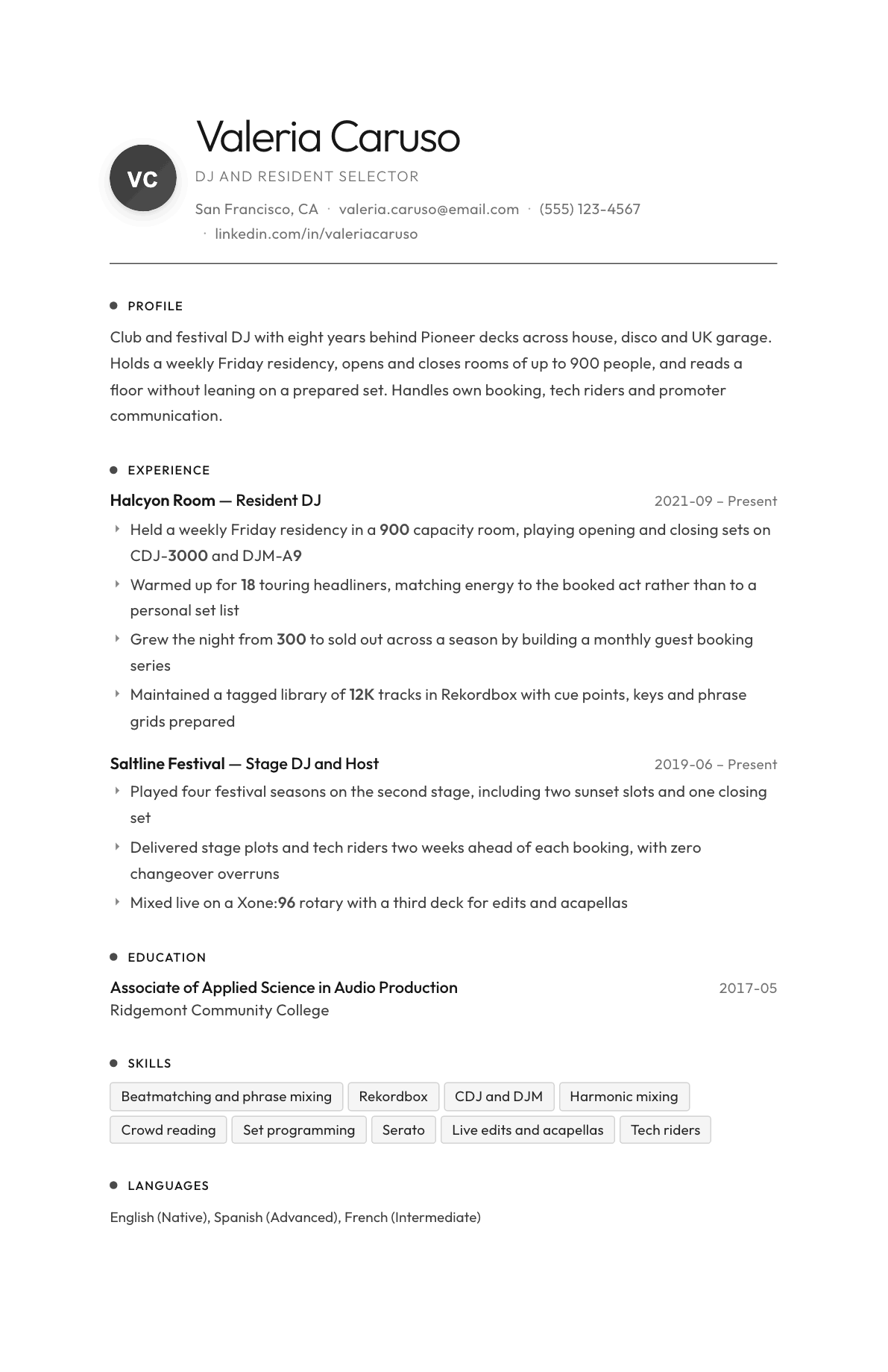 DJ resume example, Flux template