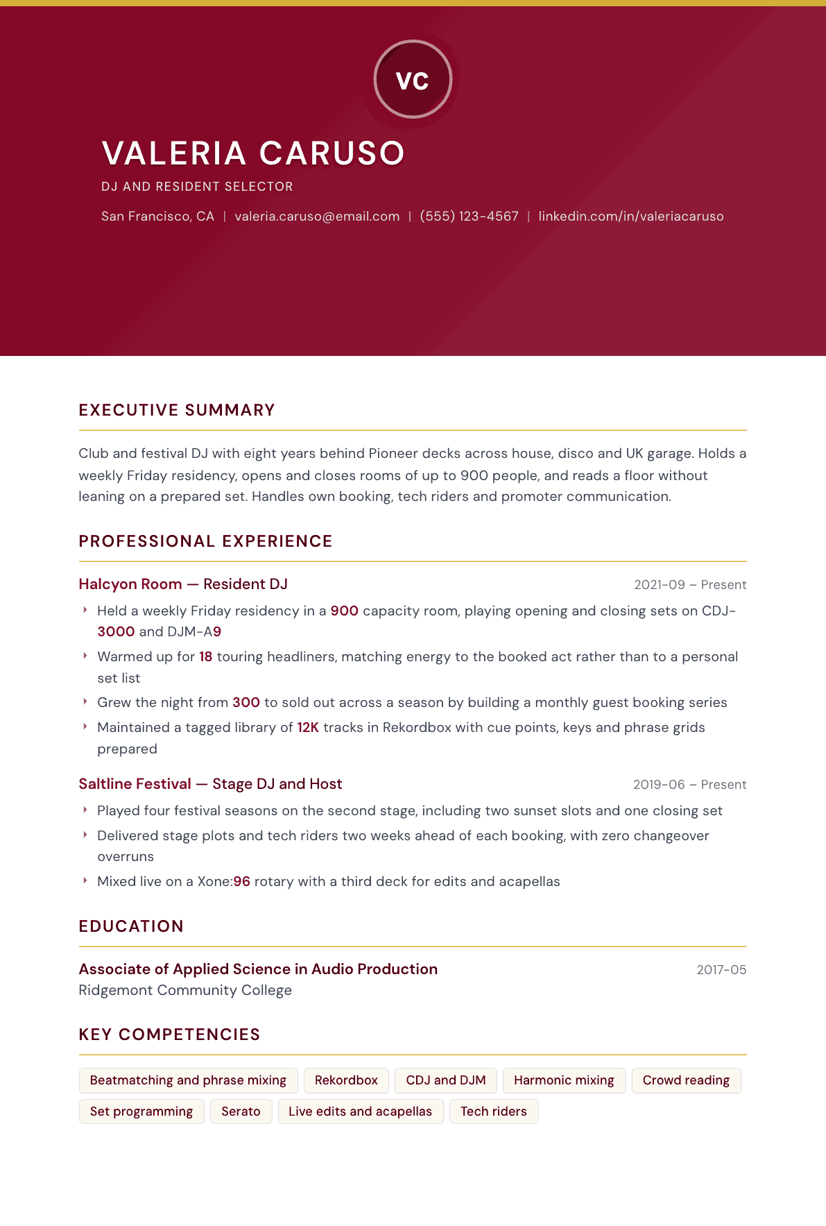 DJ resume example, Viceroy template