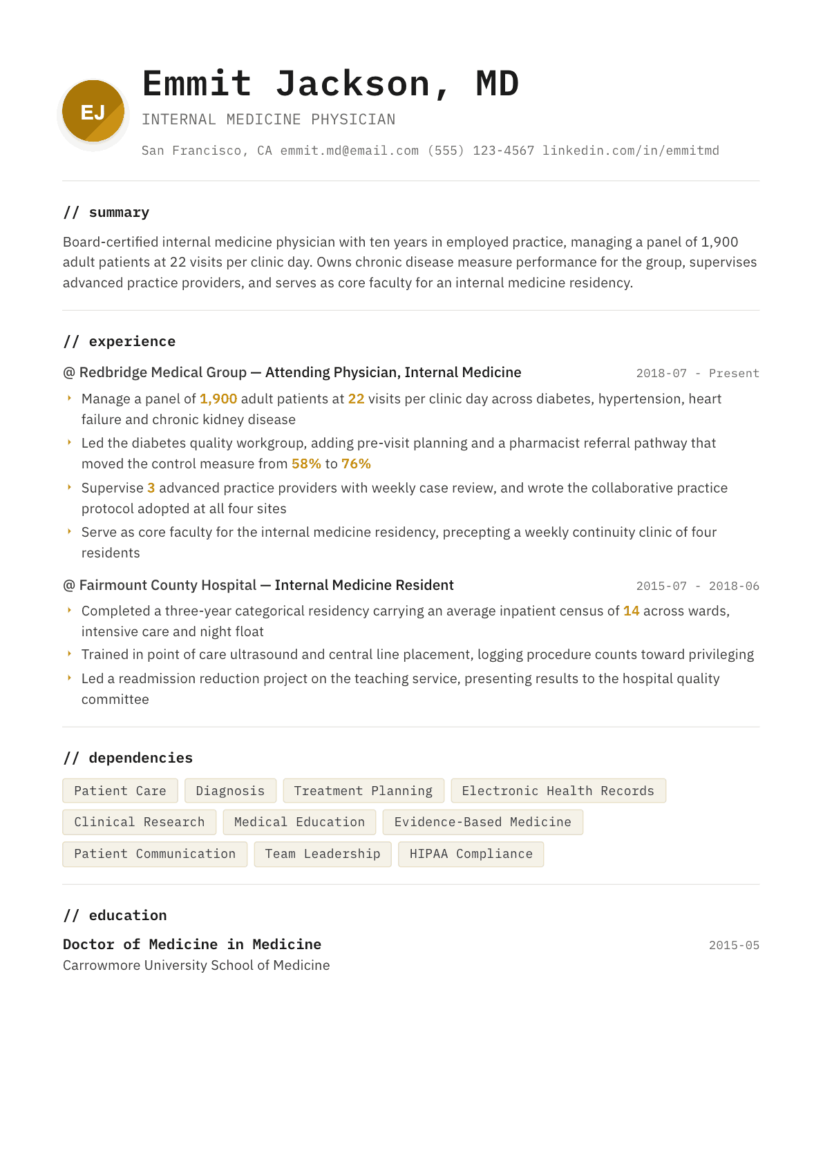 Doctor resume example, Terminal template