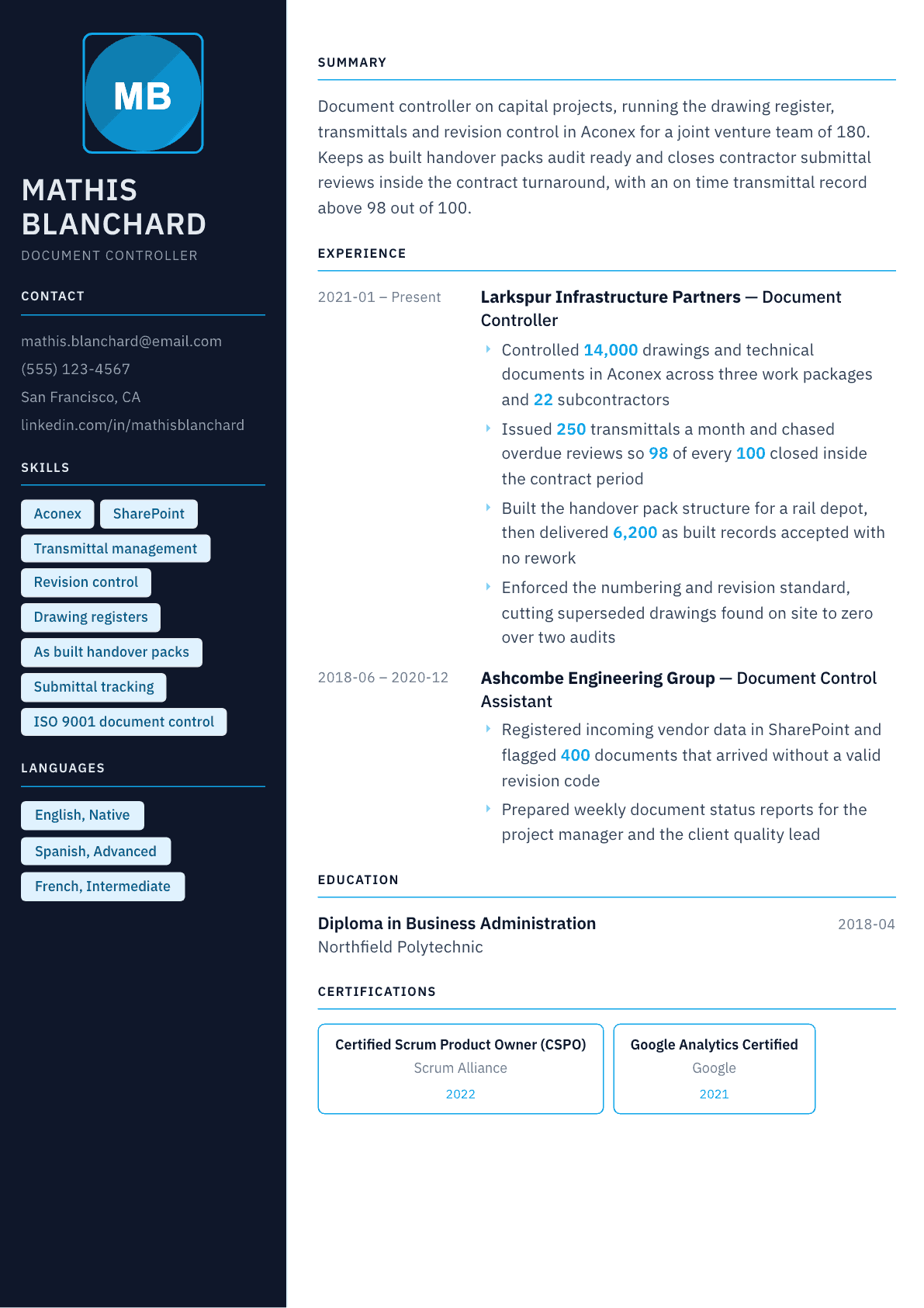 Document Controller resume example, Everest template