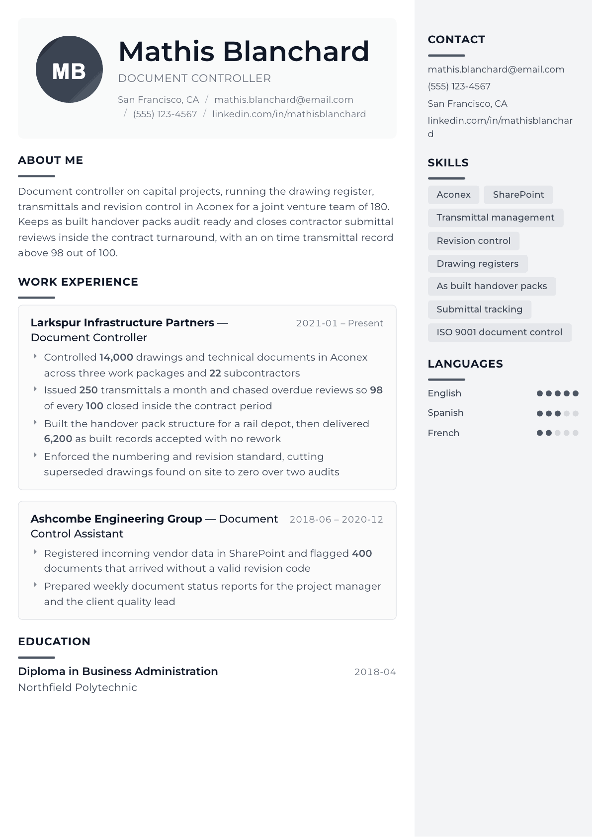Document Controller resume example, Metropolitan template