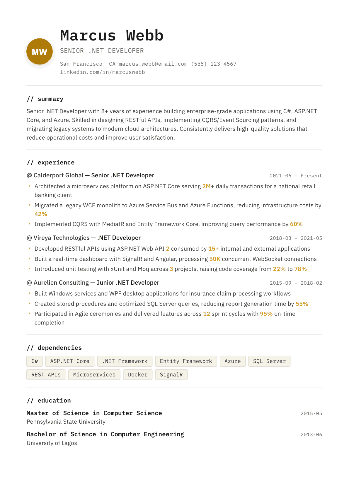 .NET Developer resume example, Terminal template