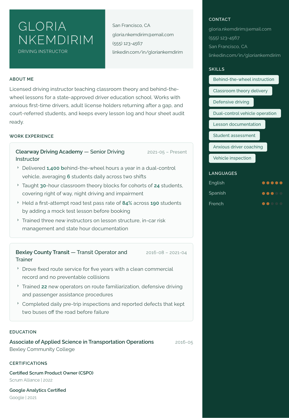Driving Instructor resume example, Aurora template