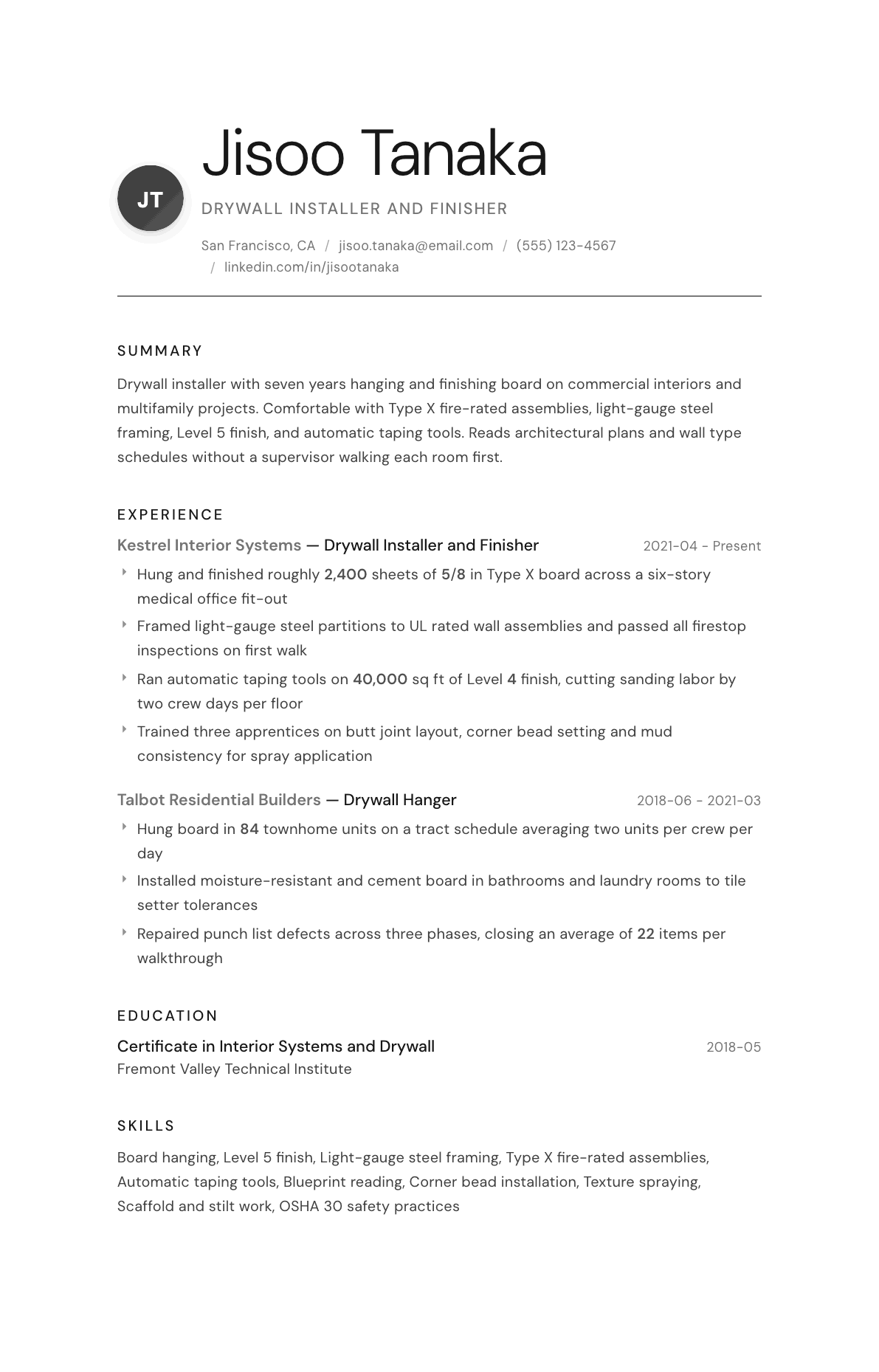 Drywall Installer resume example, Whisper template
