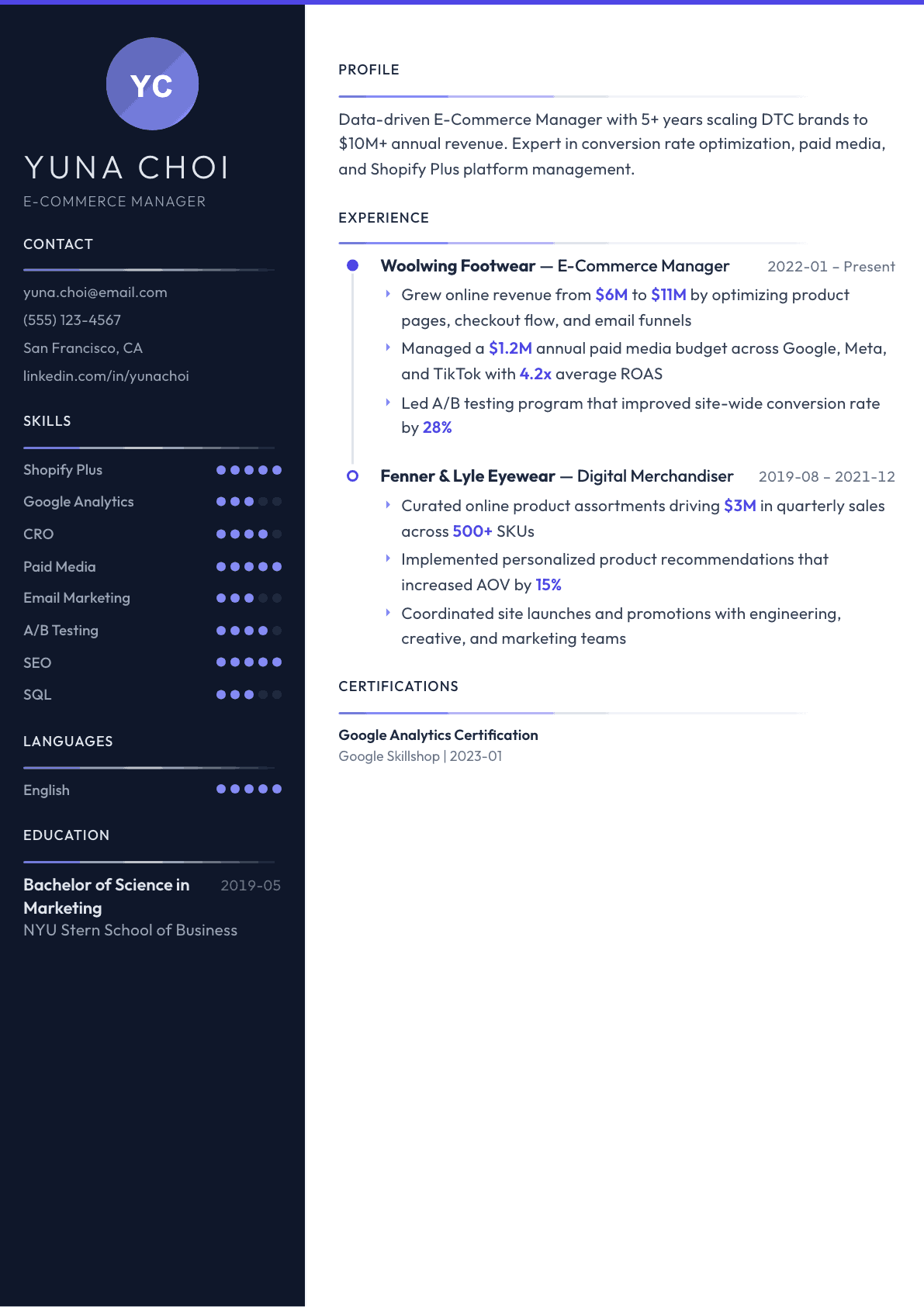 E-Commerce Manager resume example, Zenith template