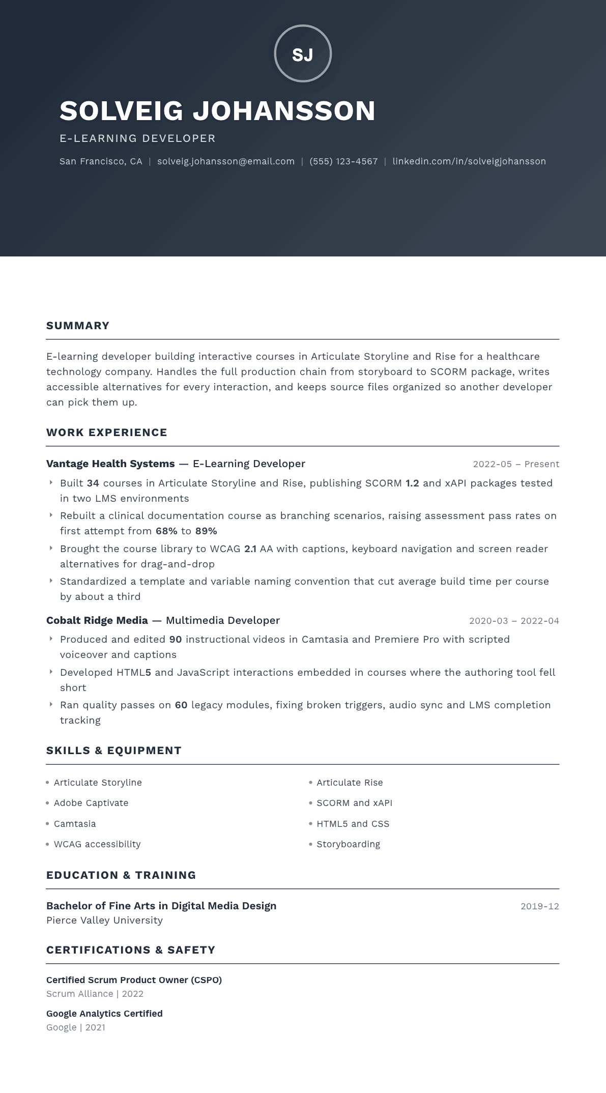 E-Learning Developer resume example, Foundation template