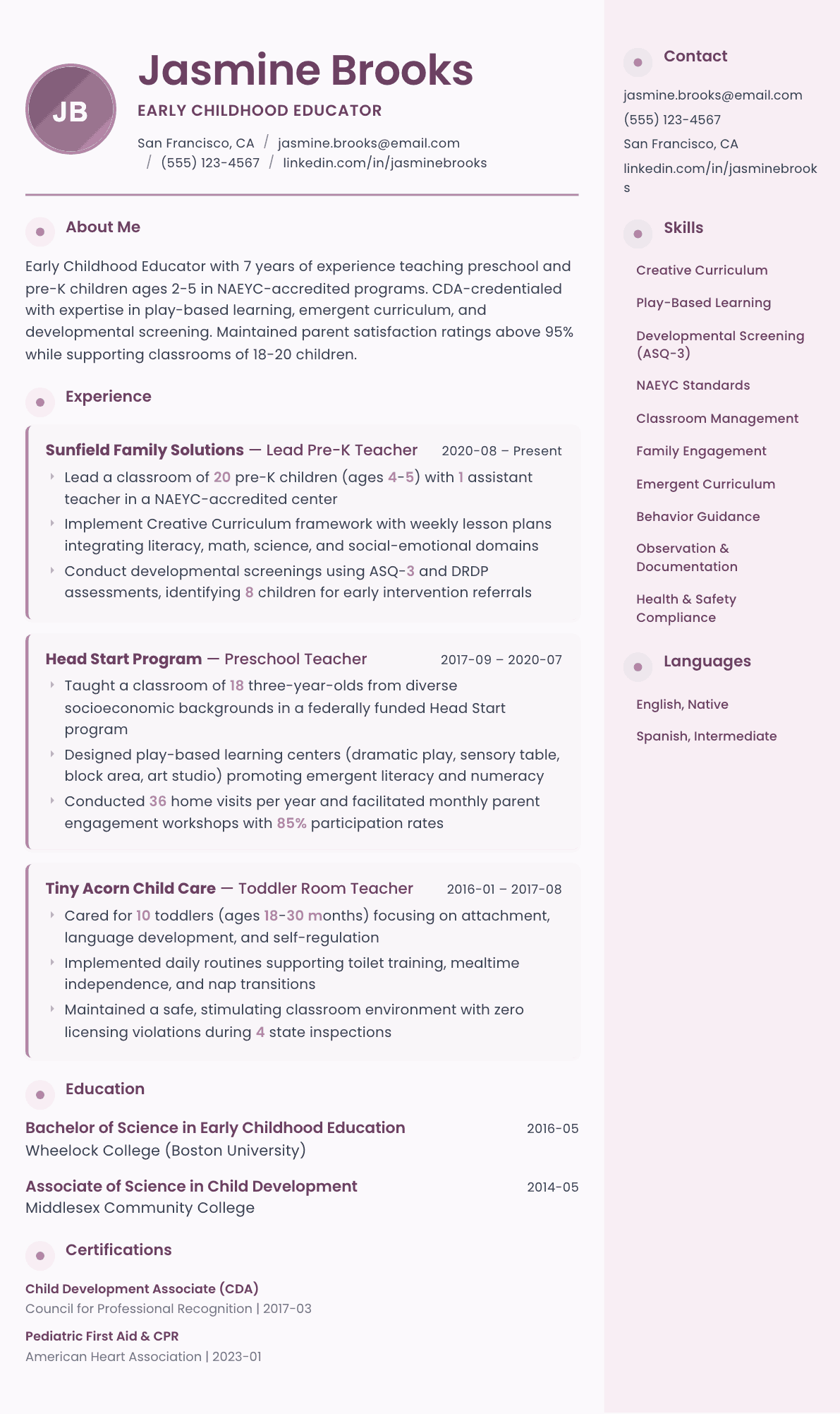 Early Childhood Educator resume example, Bloom template