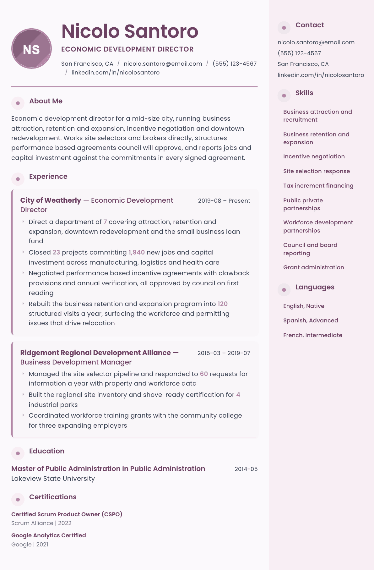 Economic Development Director resume example, Bloom template