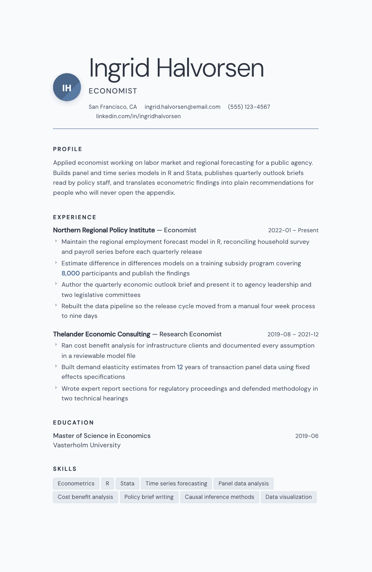 Economist resume example, Nordic template