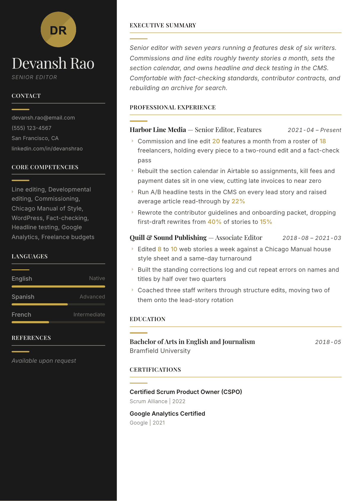 Editor resume example, Ink & Gold template