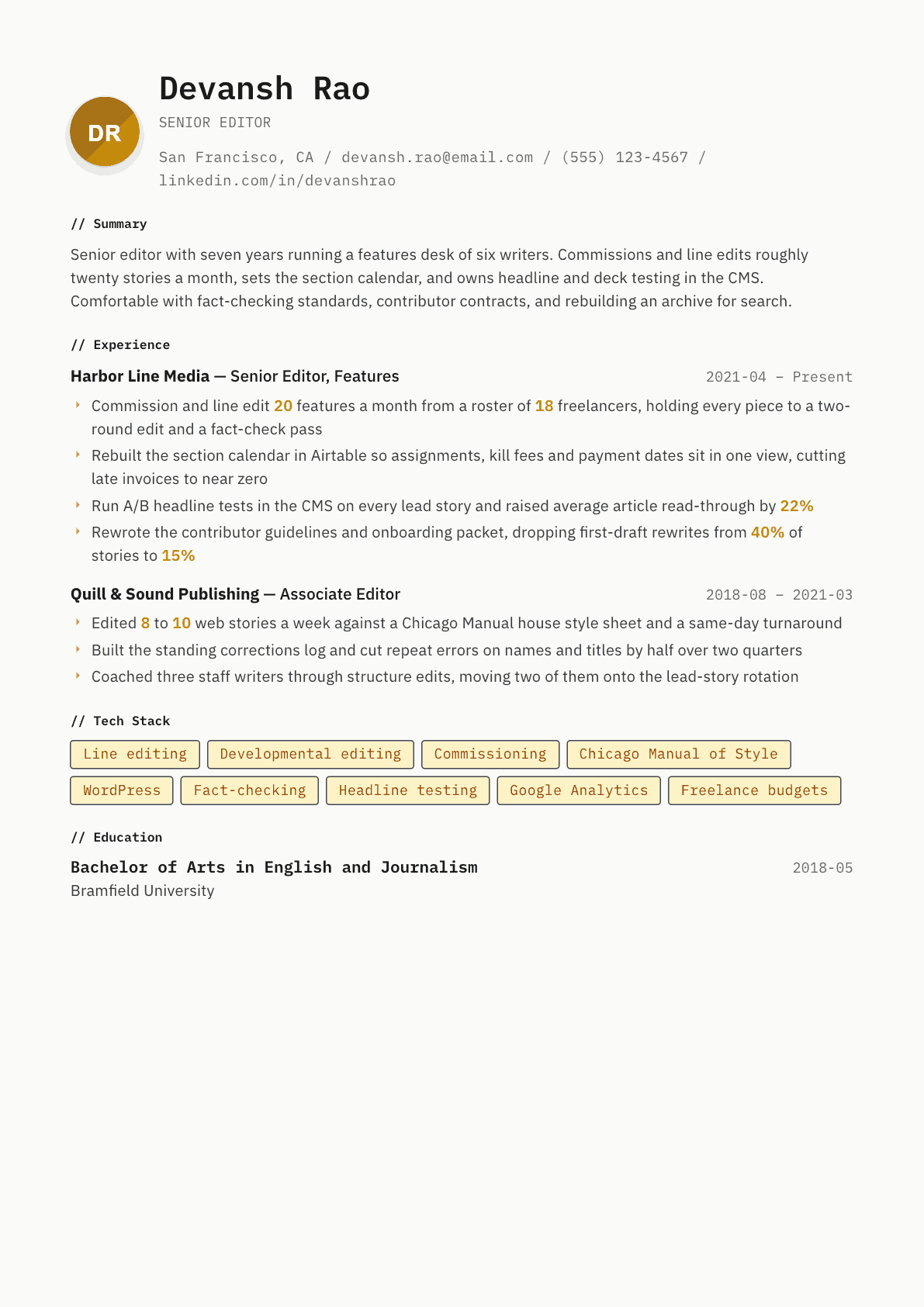 Editor resume example, Inkwell template