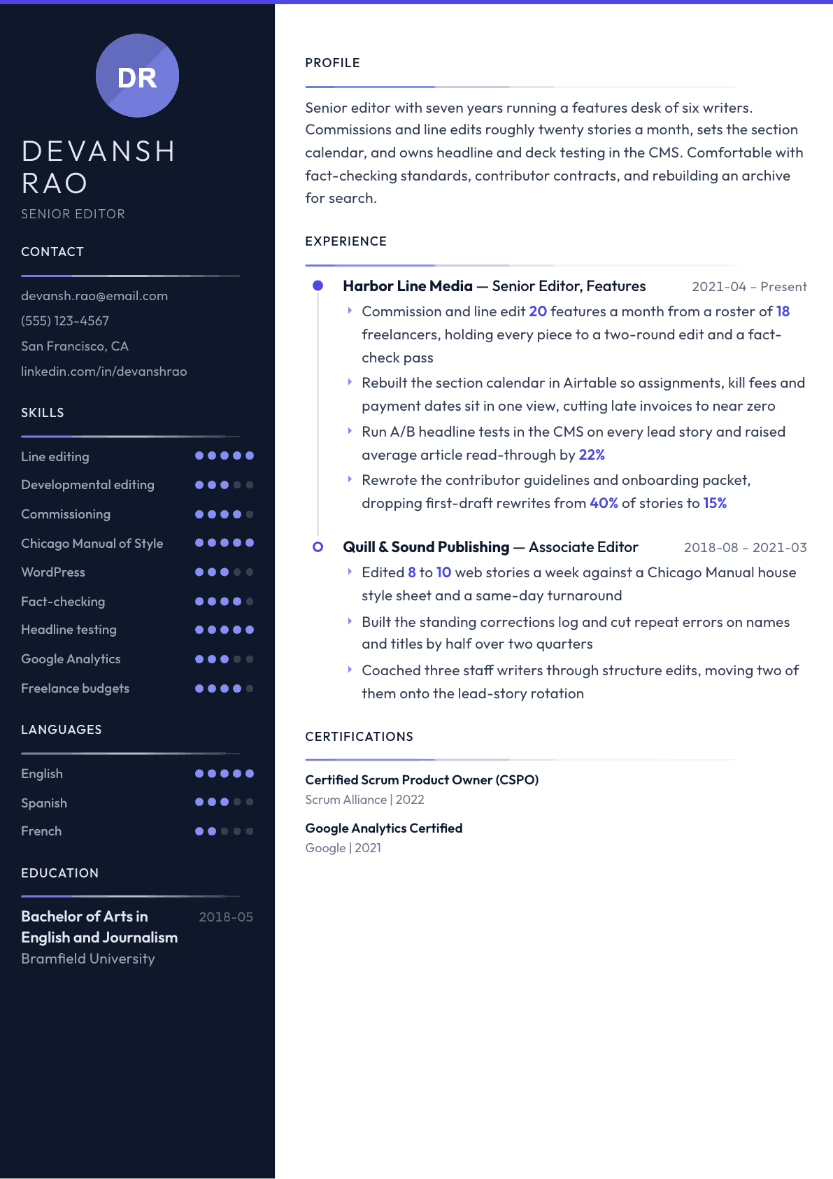 Editor resume example, Zenith template