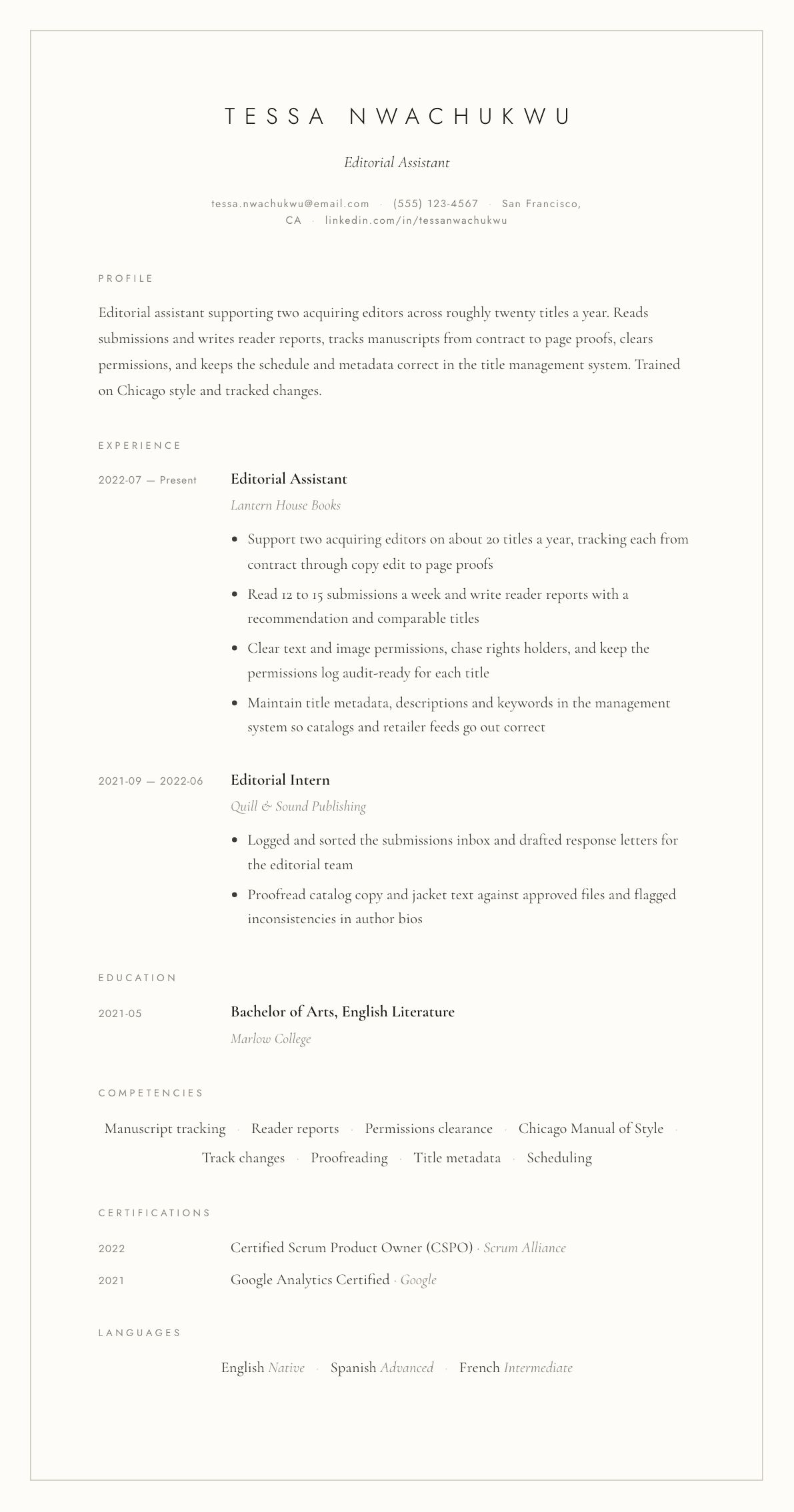 Editorial Assistant resume example, Vellum template