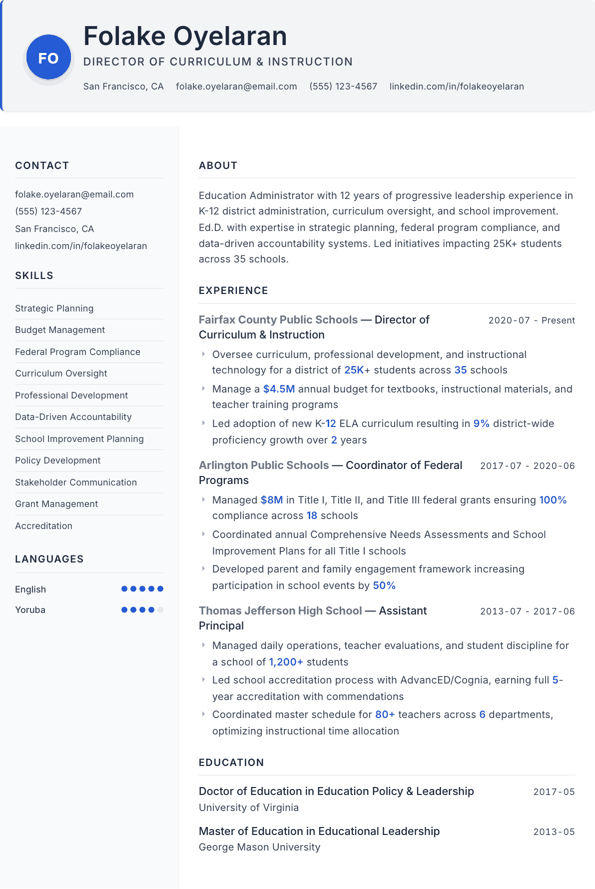 Education Administrator resume example, Paper template