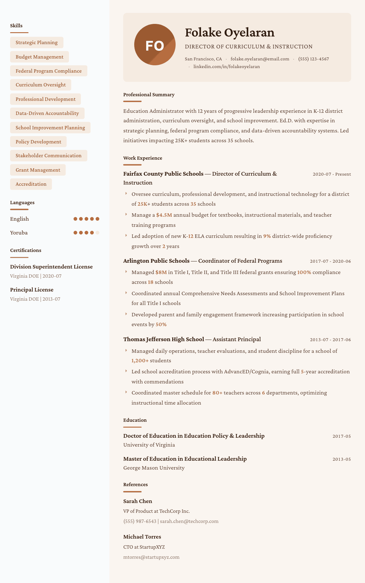 Education Administrator resume example, Lisbon template
