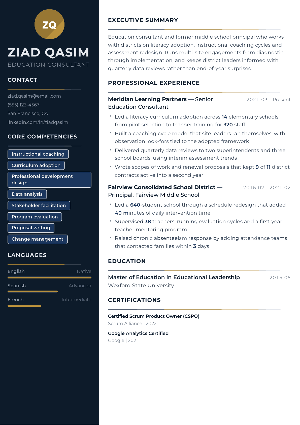 Education Consultant resume example, Catalyst template