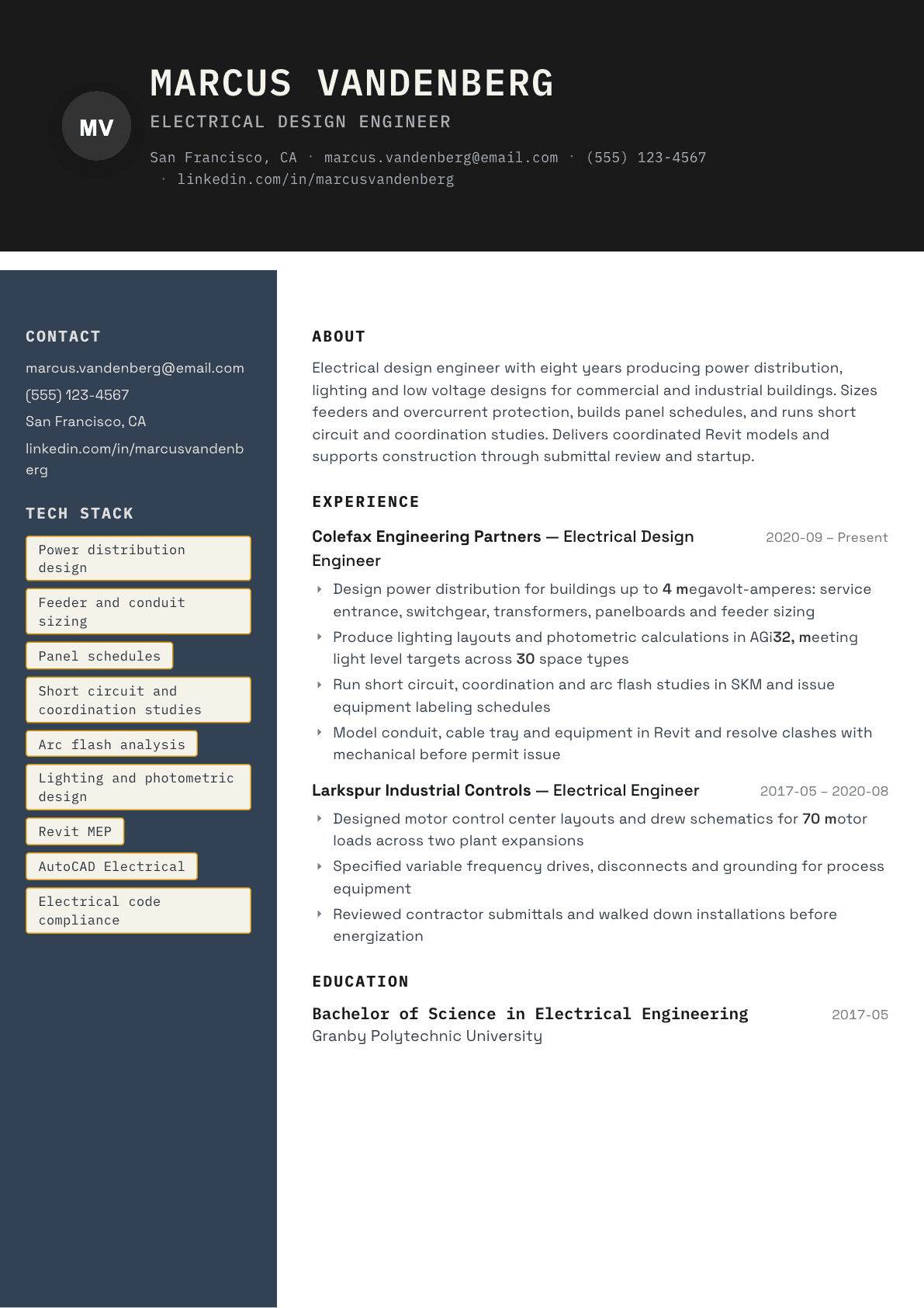 Electrical Design Engineer resume example, Codebase template