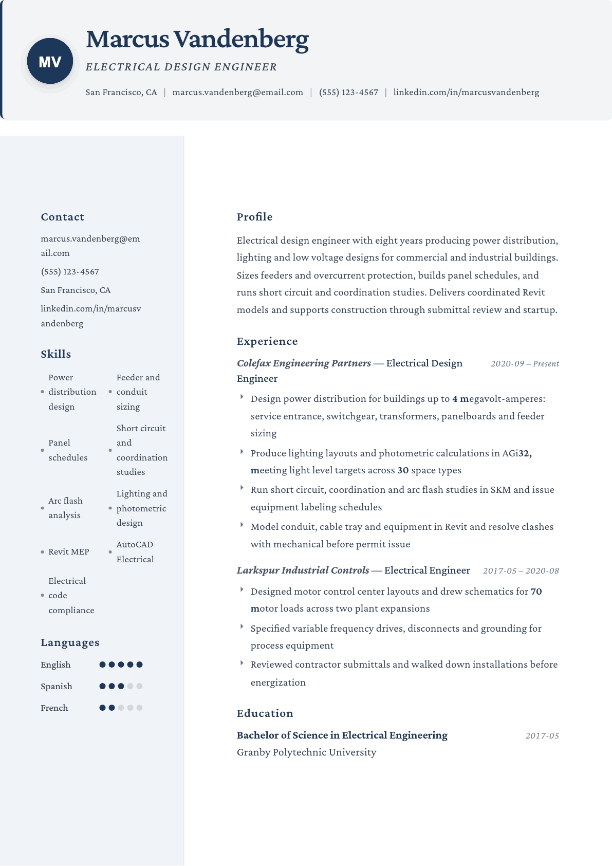 Electrical Design Engineer resume example, Formal template