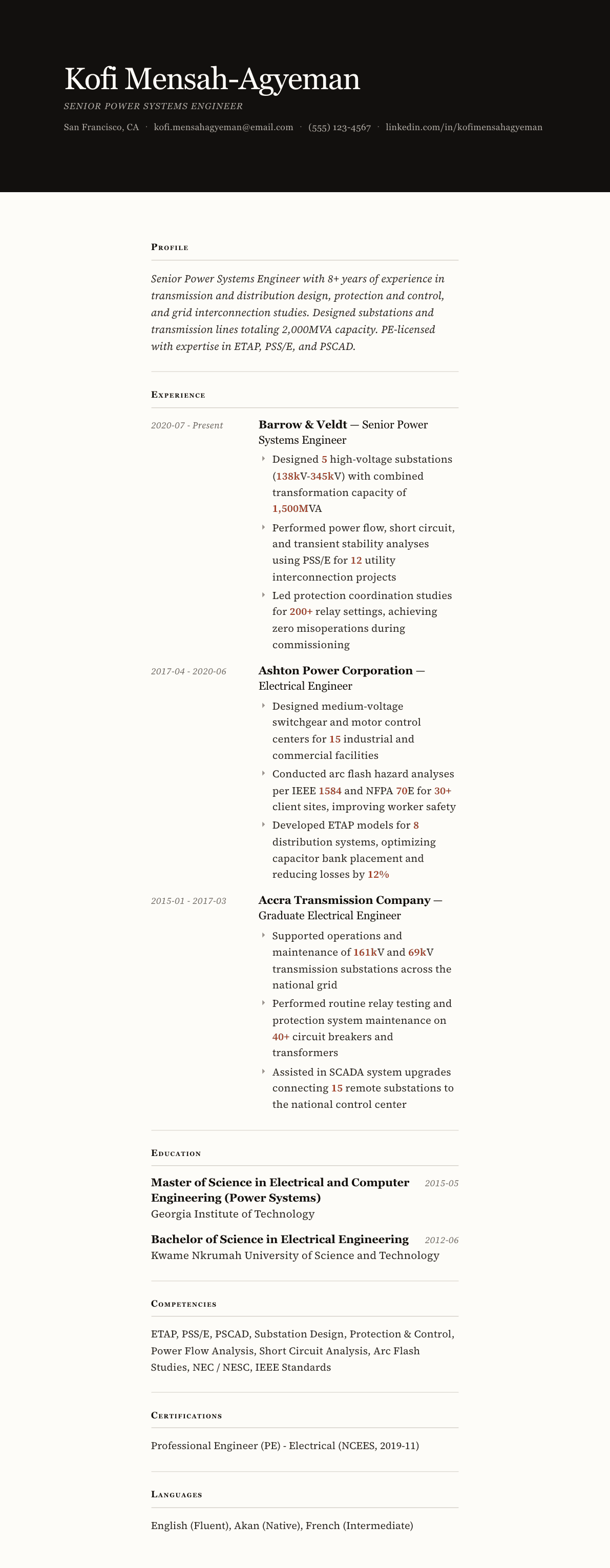 Electrical Power Engineer resume example, Broadsheet template