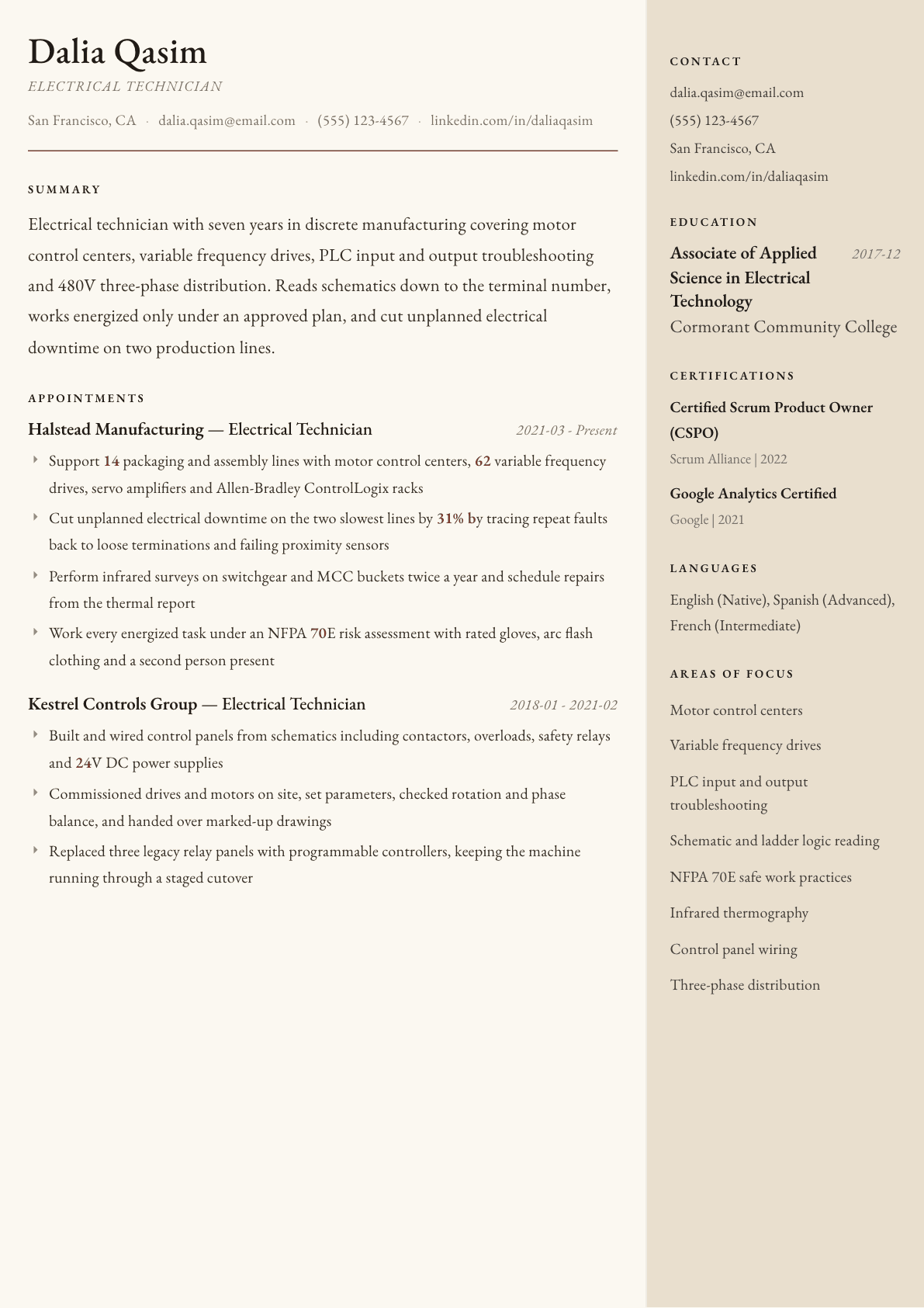 Electrical Technician resume example, Manuscript template