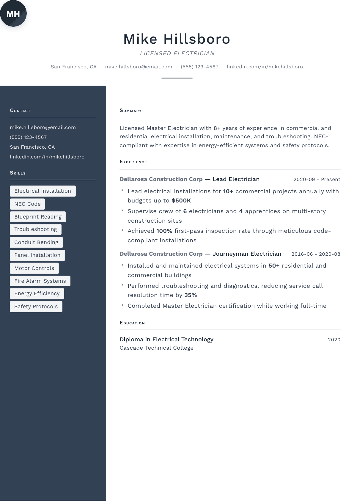 Electrician resume example, Fold template