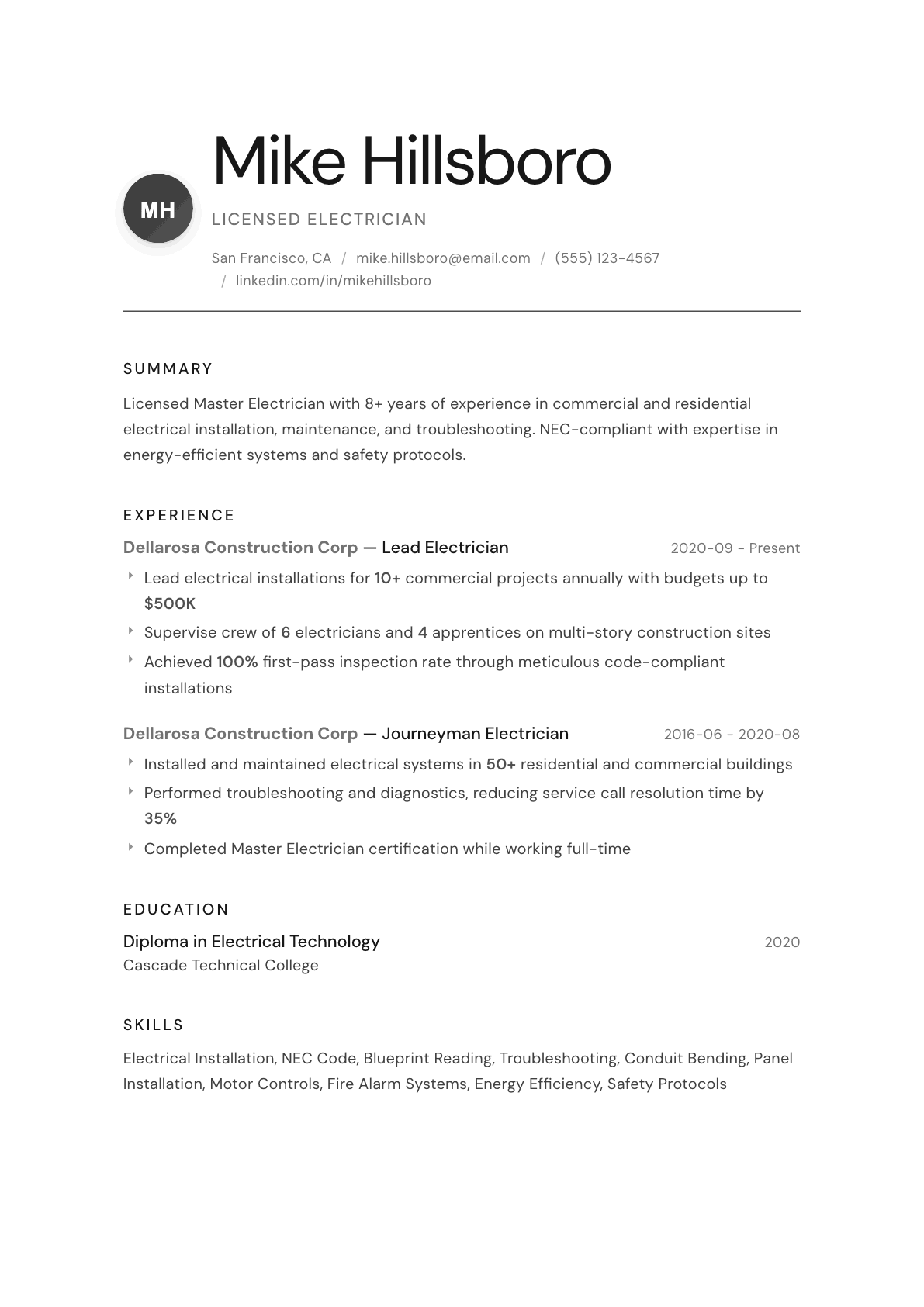 Electrician resume example, Whisper template