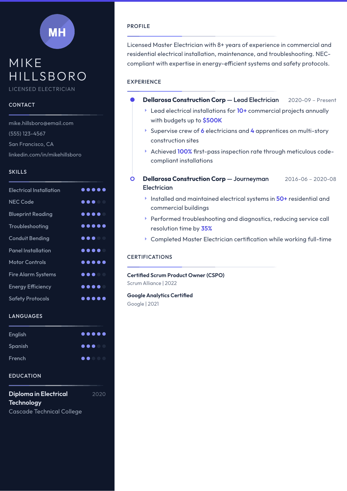 Electrician resume example, Zenith template