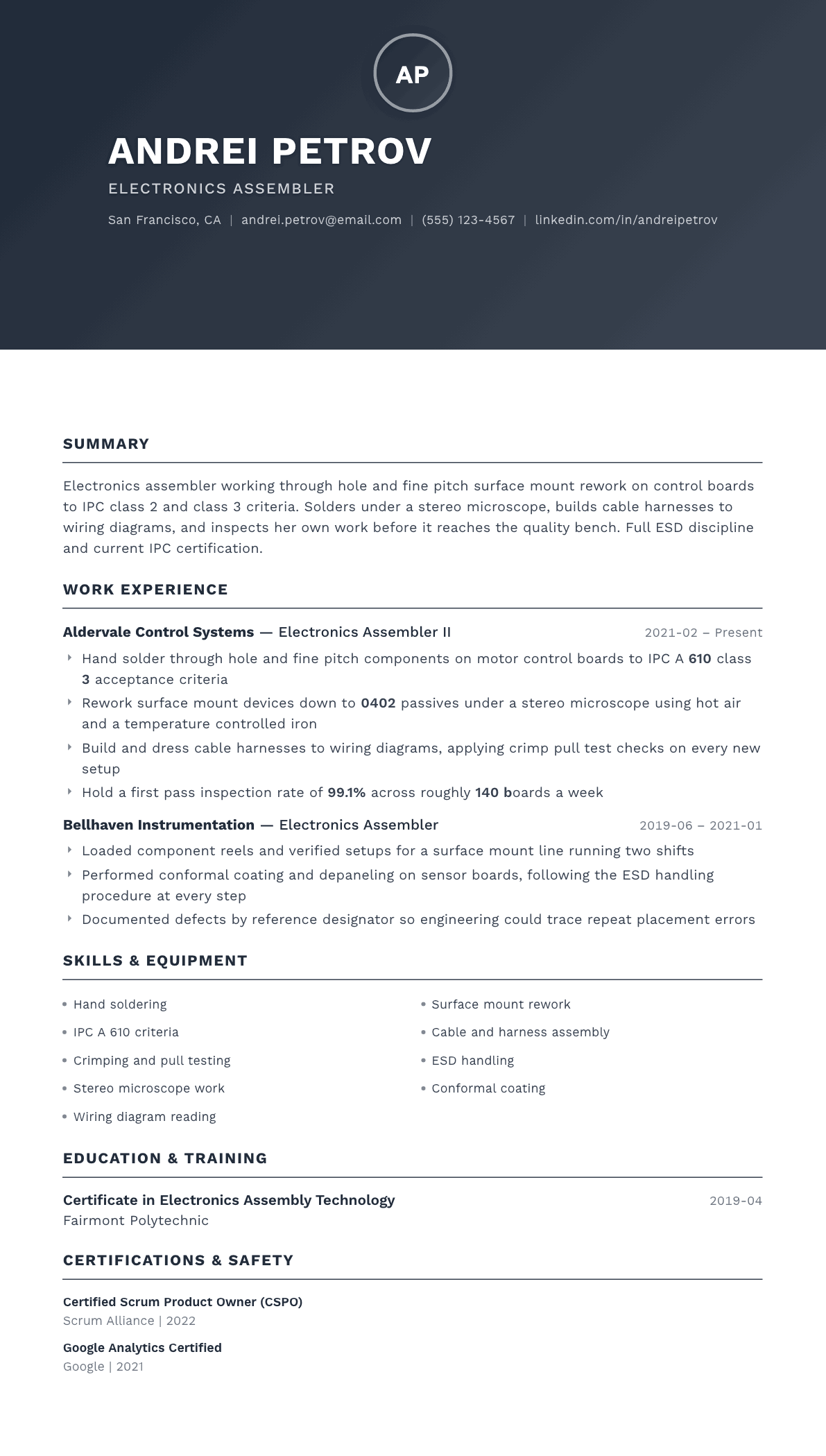 Electronics Assembler resume example, Foundation template