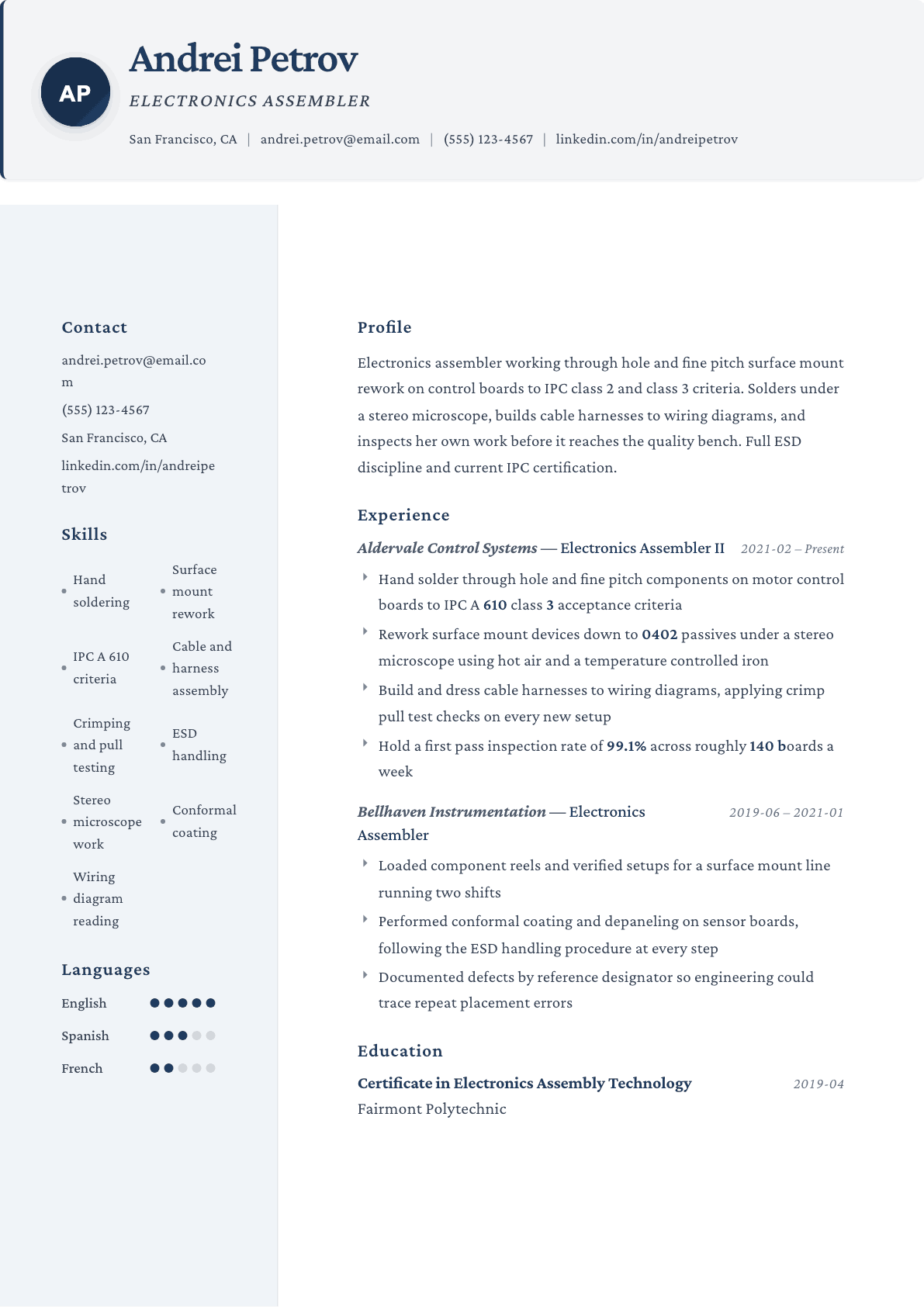 Electronics Assembler resume example, Formal template