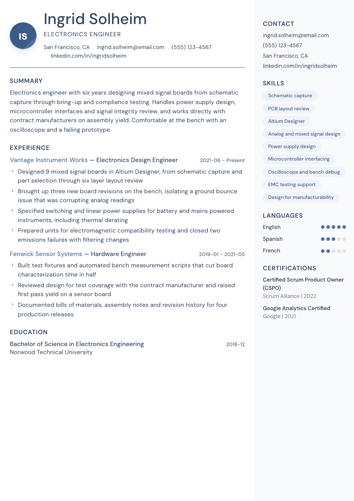 Electronics Engineer resume example, Kernel template