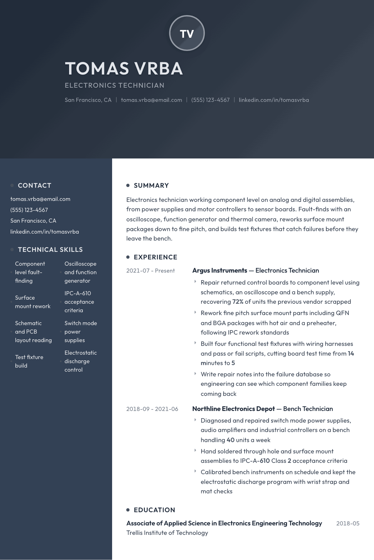Electronics Technician resume example, Binary template