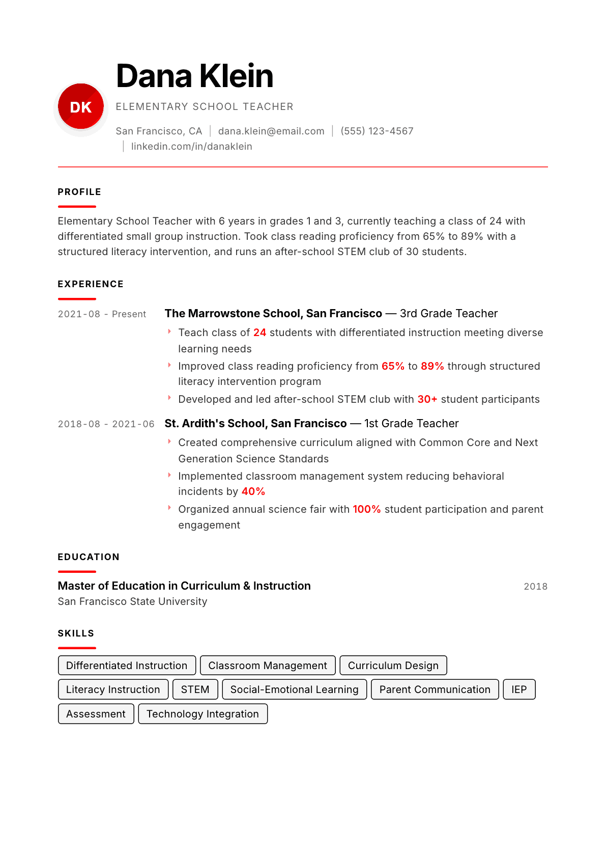 Elementary School Teacher resume example, Swiss Modernist template