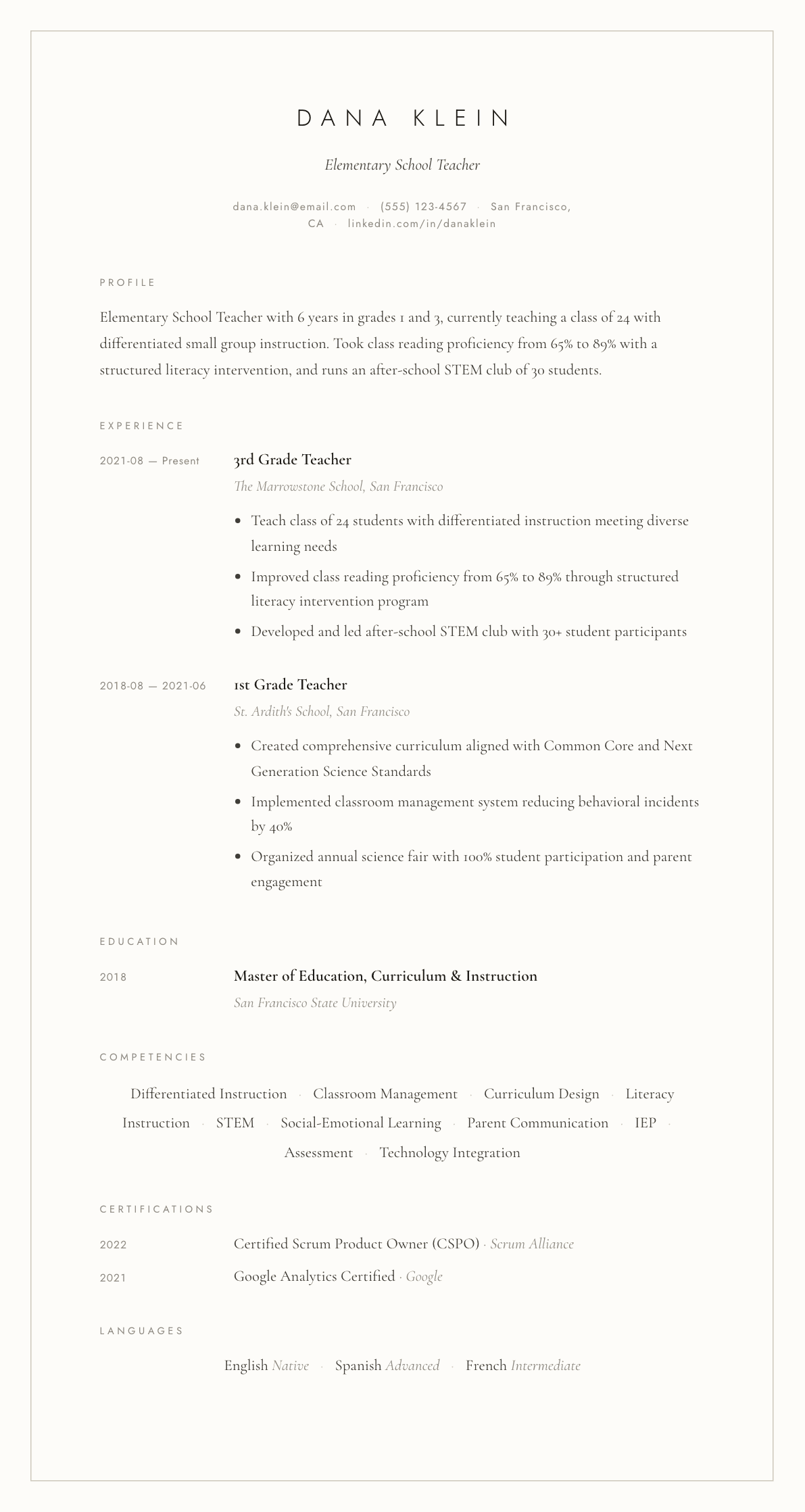 Elementary School Teacher resume example, Vellum template