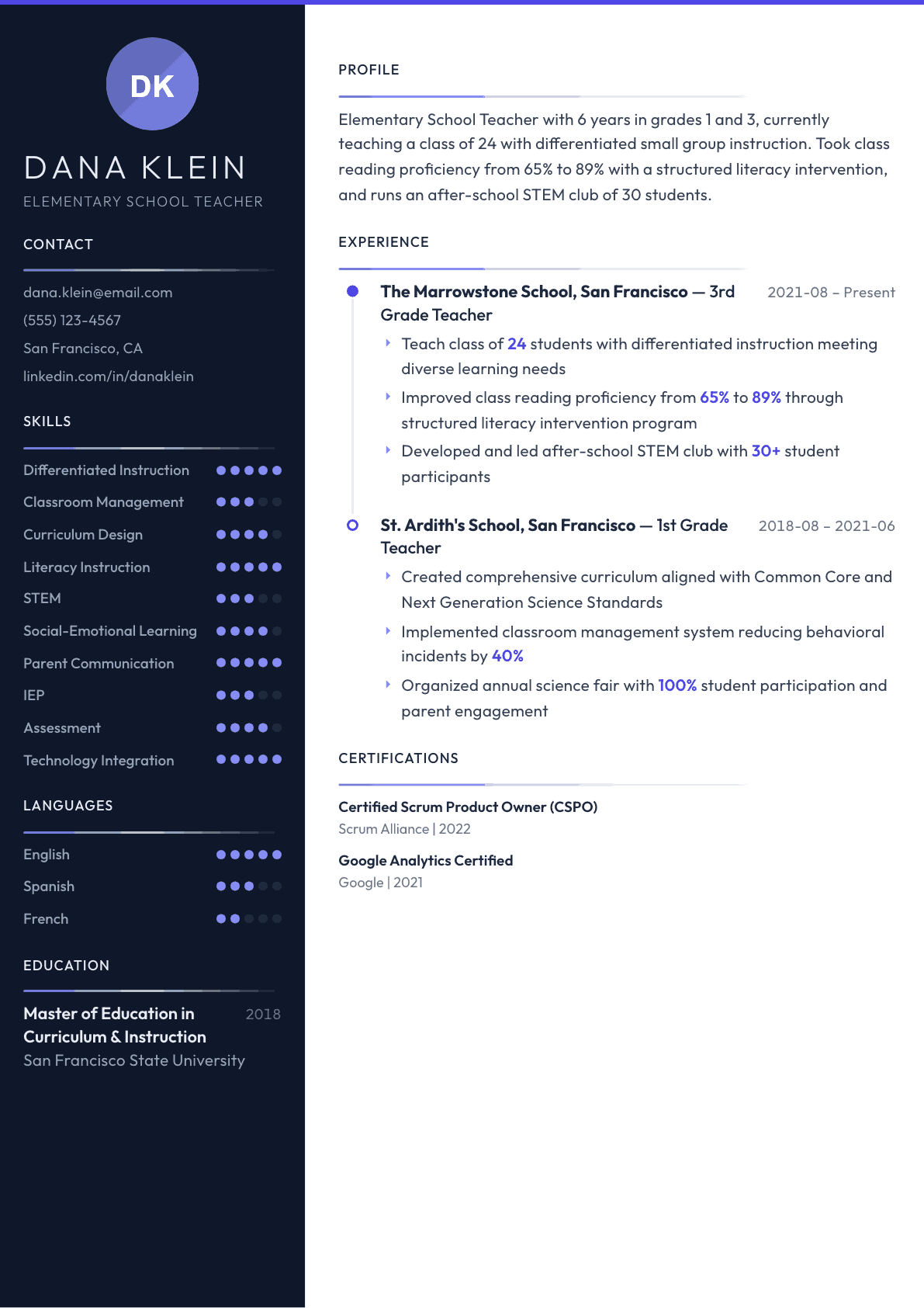 Elementary School Teacher resume example, Zenith template
