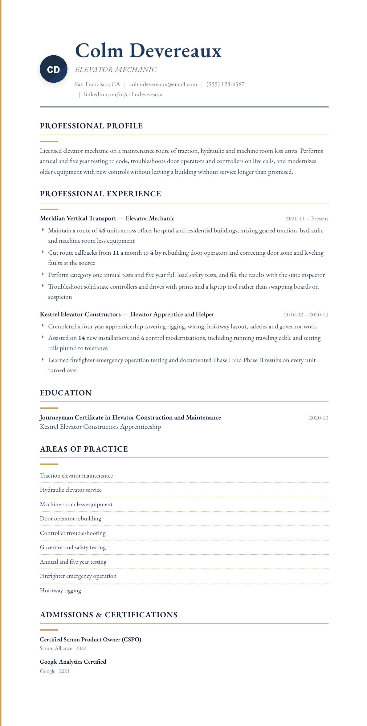 Elevator Mechanic resume example, Folio template