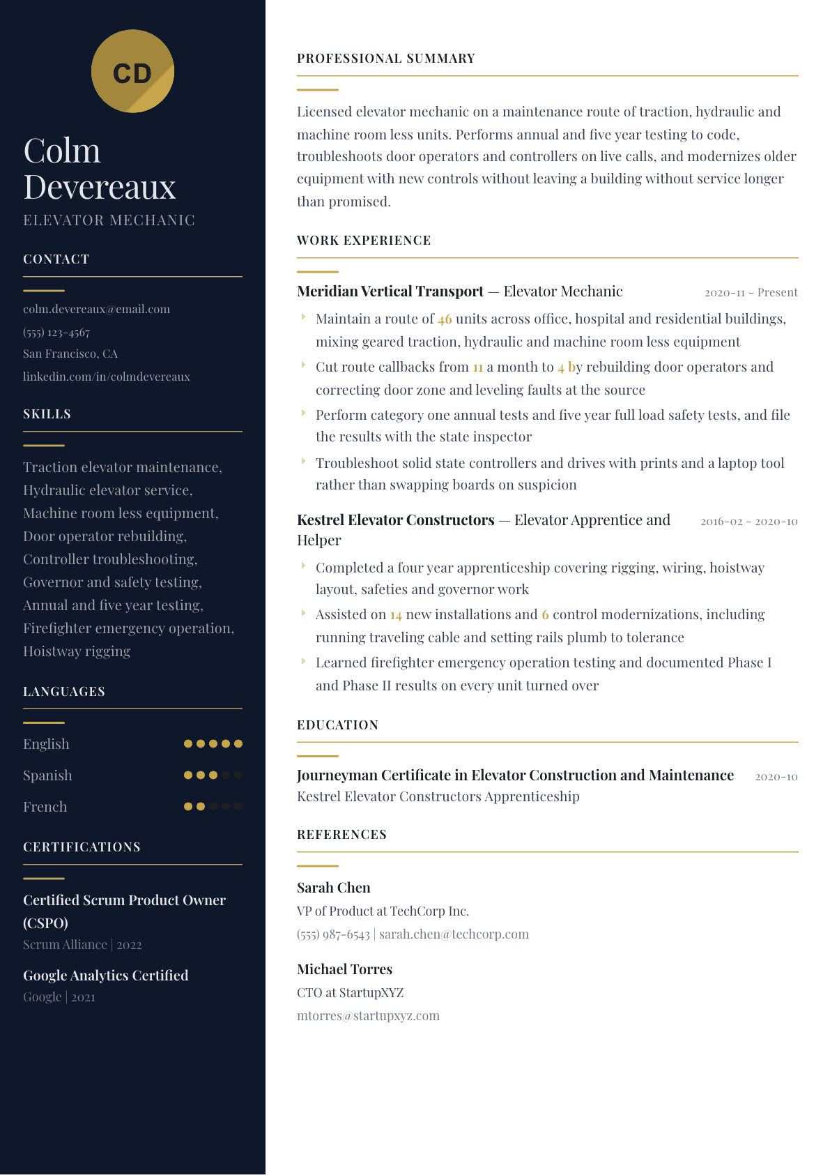 Elevator Mechanic resume example, Zurich template
