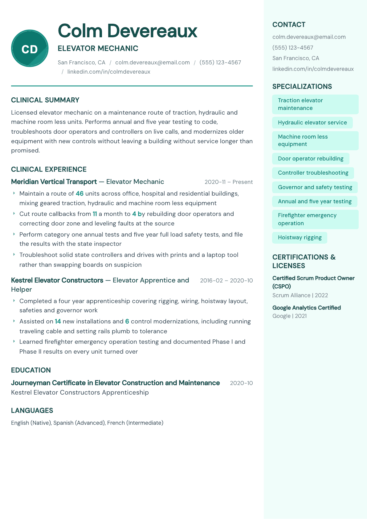 Elevator Mechanic resume example, Remedy template