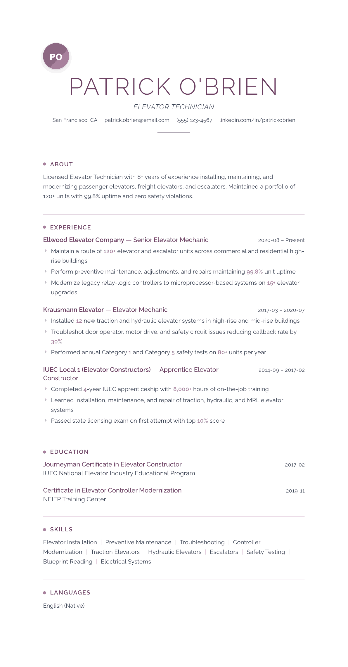 Elevator Technician resume example, Serenity template