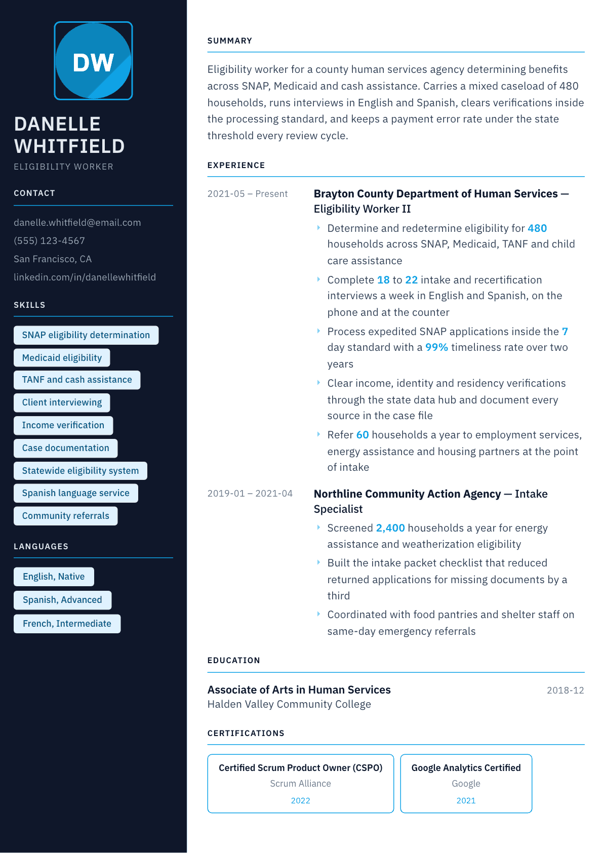 Eligibility Worker resume example, Everest template